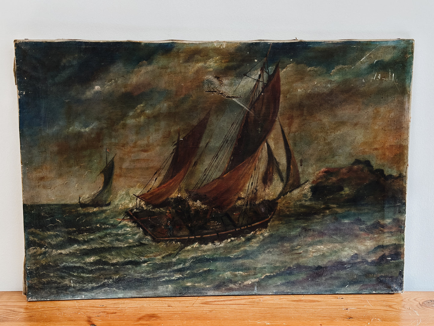 Original Antique British Oil Painting, Primitive Seascape
