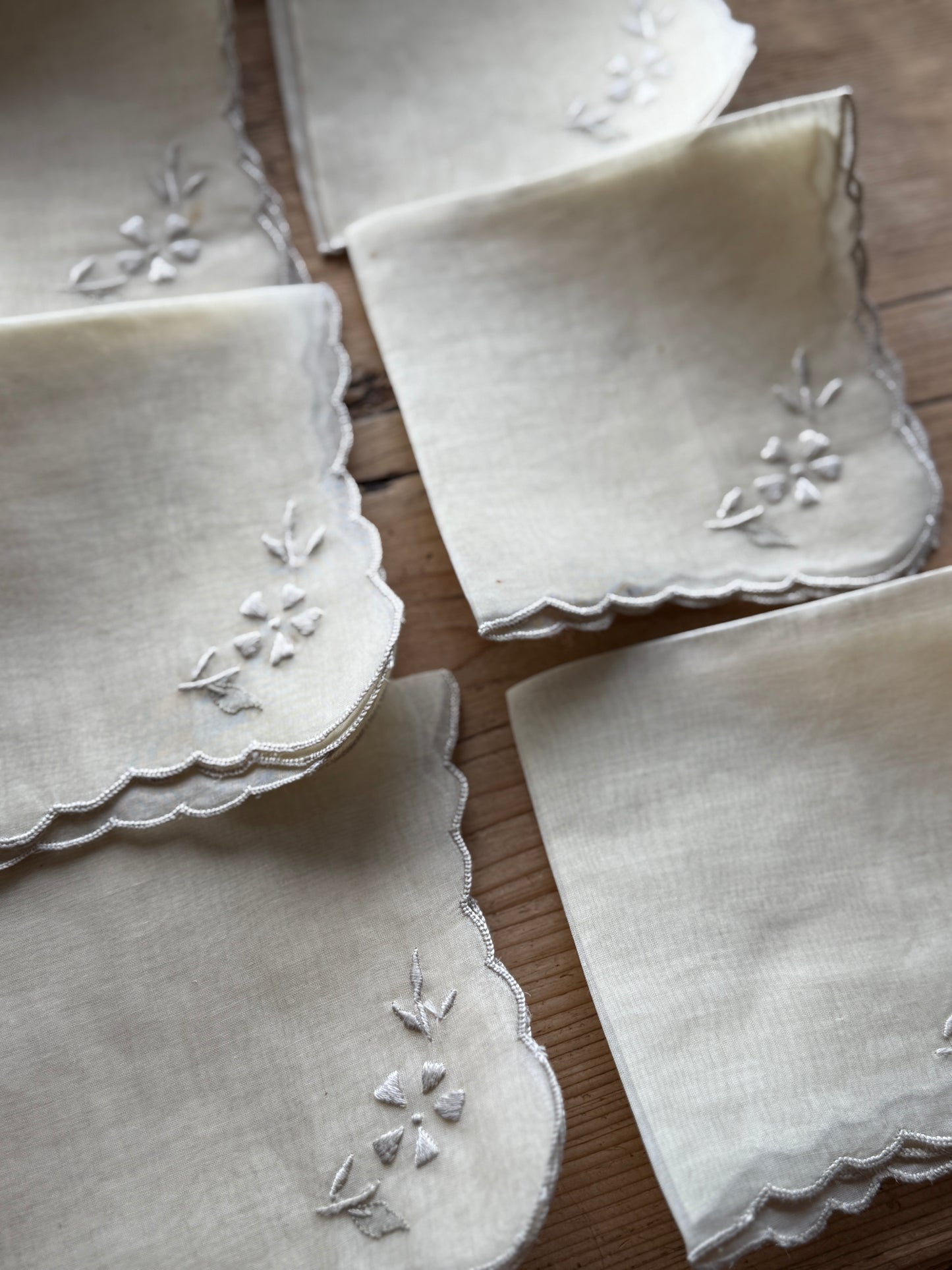 Set of Six Antique Hand Embroidered Irish napkins