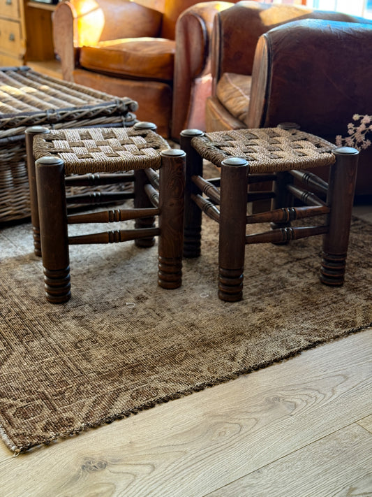 Pair of Charles Dudouyt Stools with Woven Rush Seats