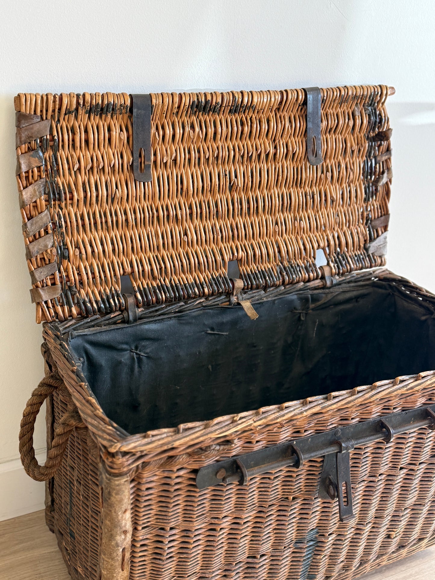 Antique English Wicker Trunk with iron Hardware