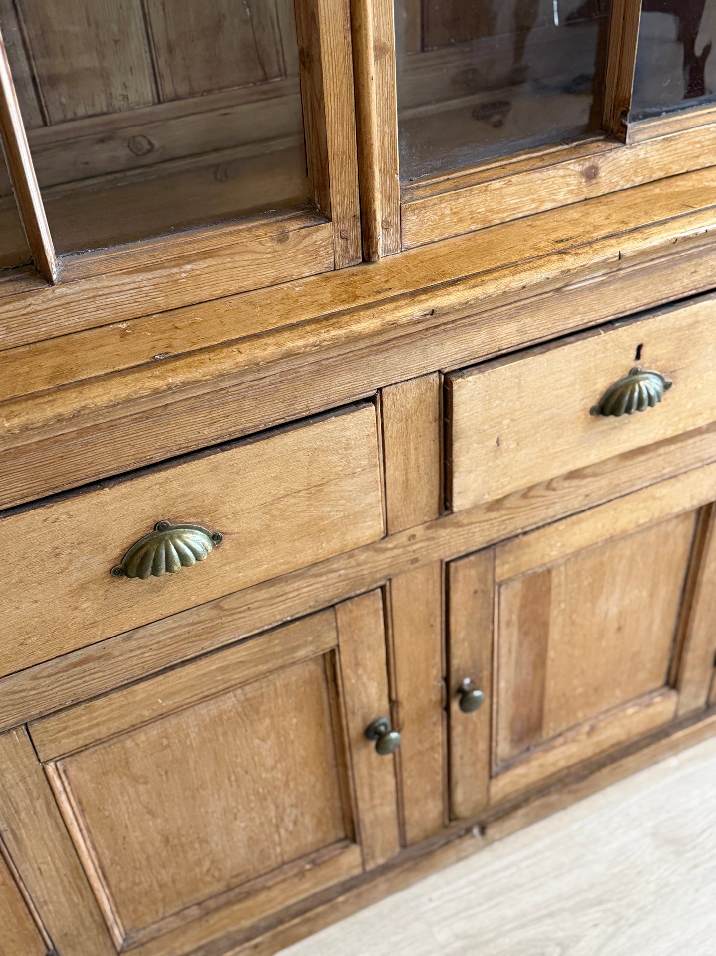 Antique English Pine Cupboard with Glass Upper