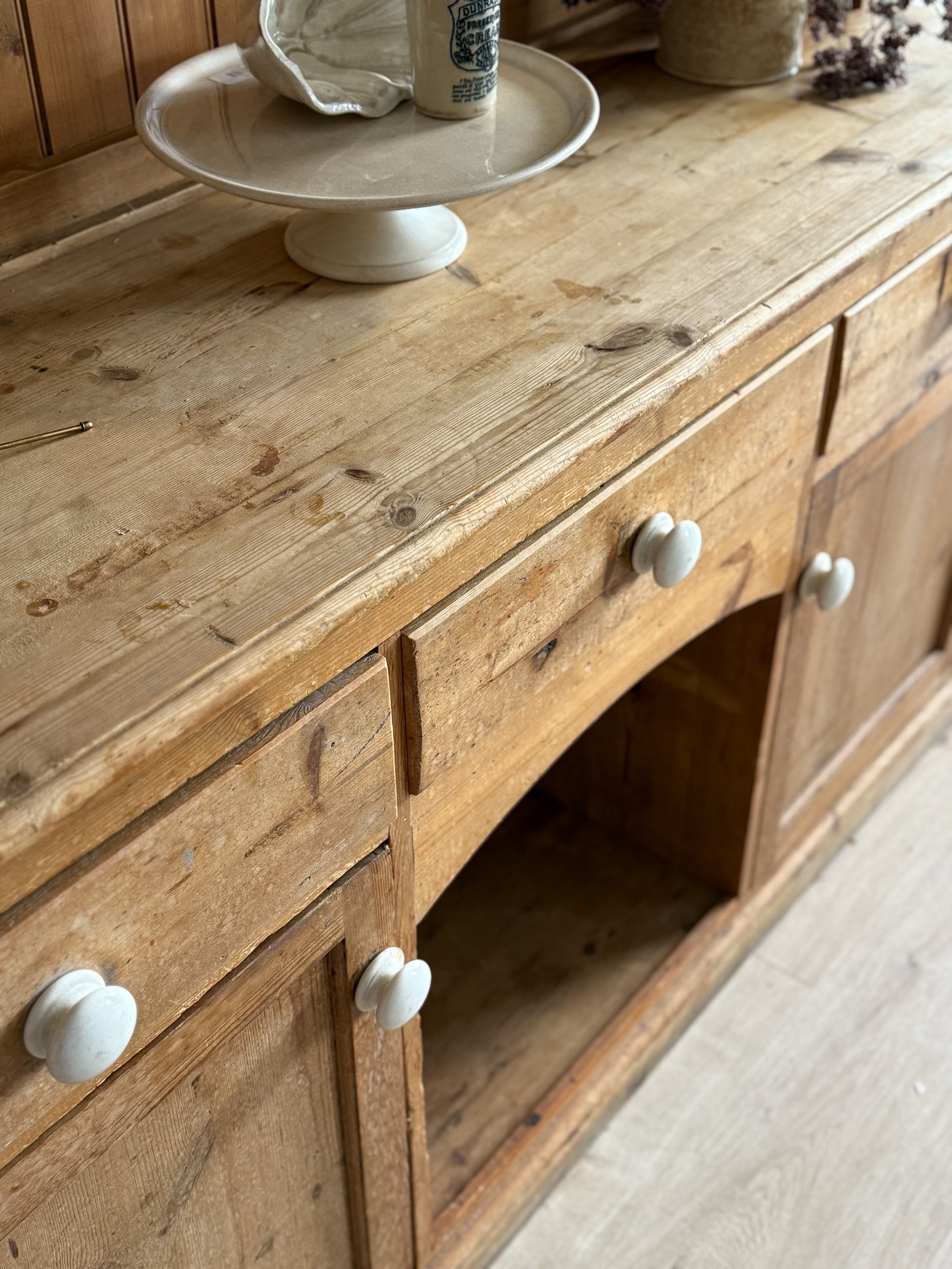 Antique English Pine Stepback Hutch with Kennel