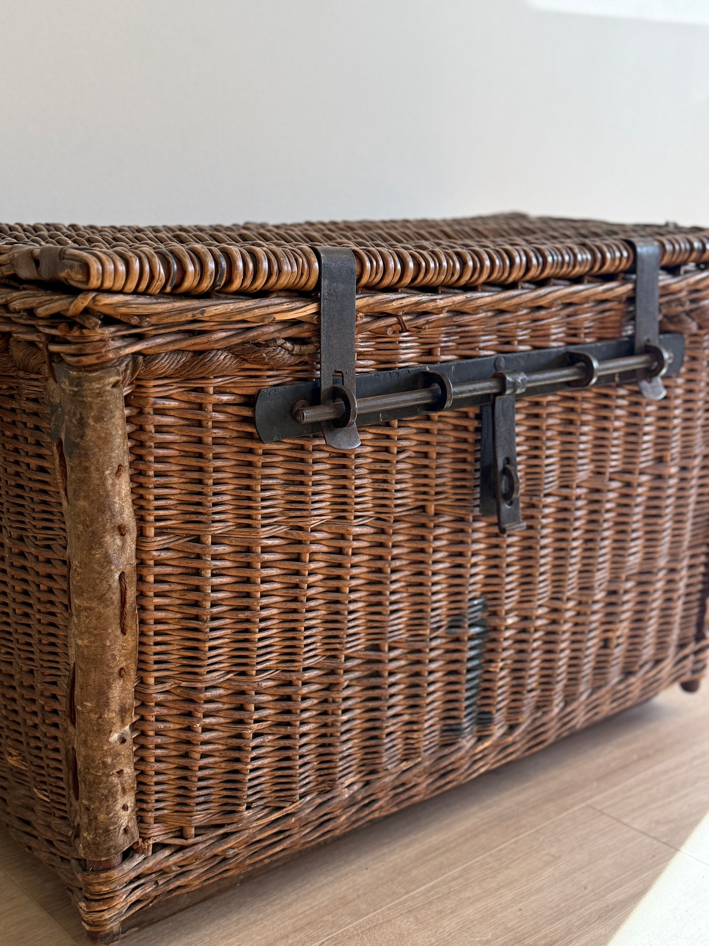 Antique English Wicker Trunk with iron Hardware