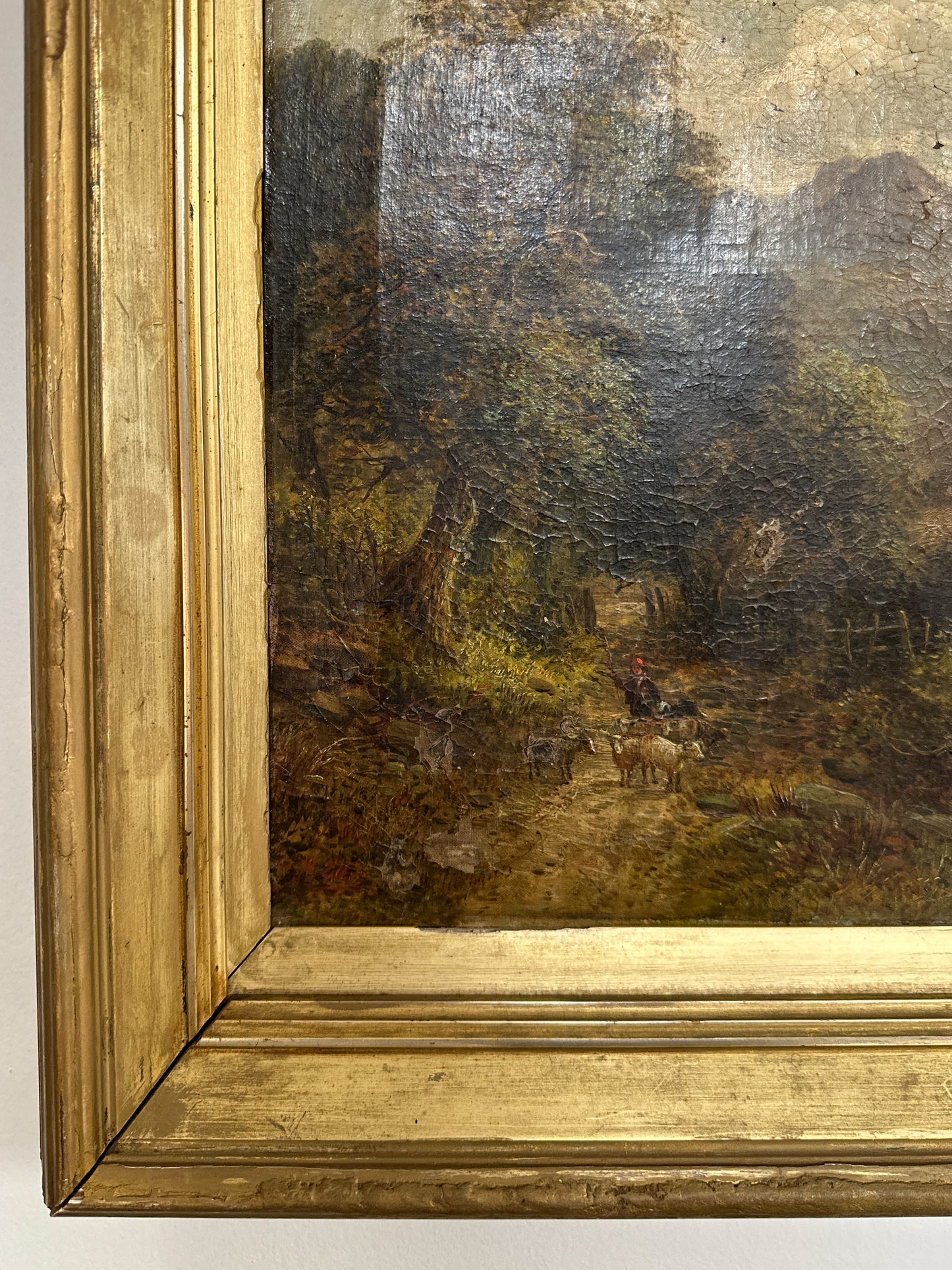 Original Antique English Oil Painting, W. ELLIS Sheep on Country Road