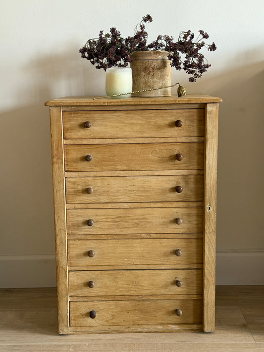 Antique Seven Drawer English Pine Wellington Chest/Cabinet