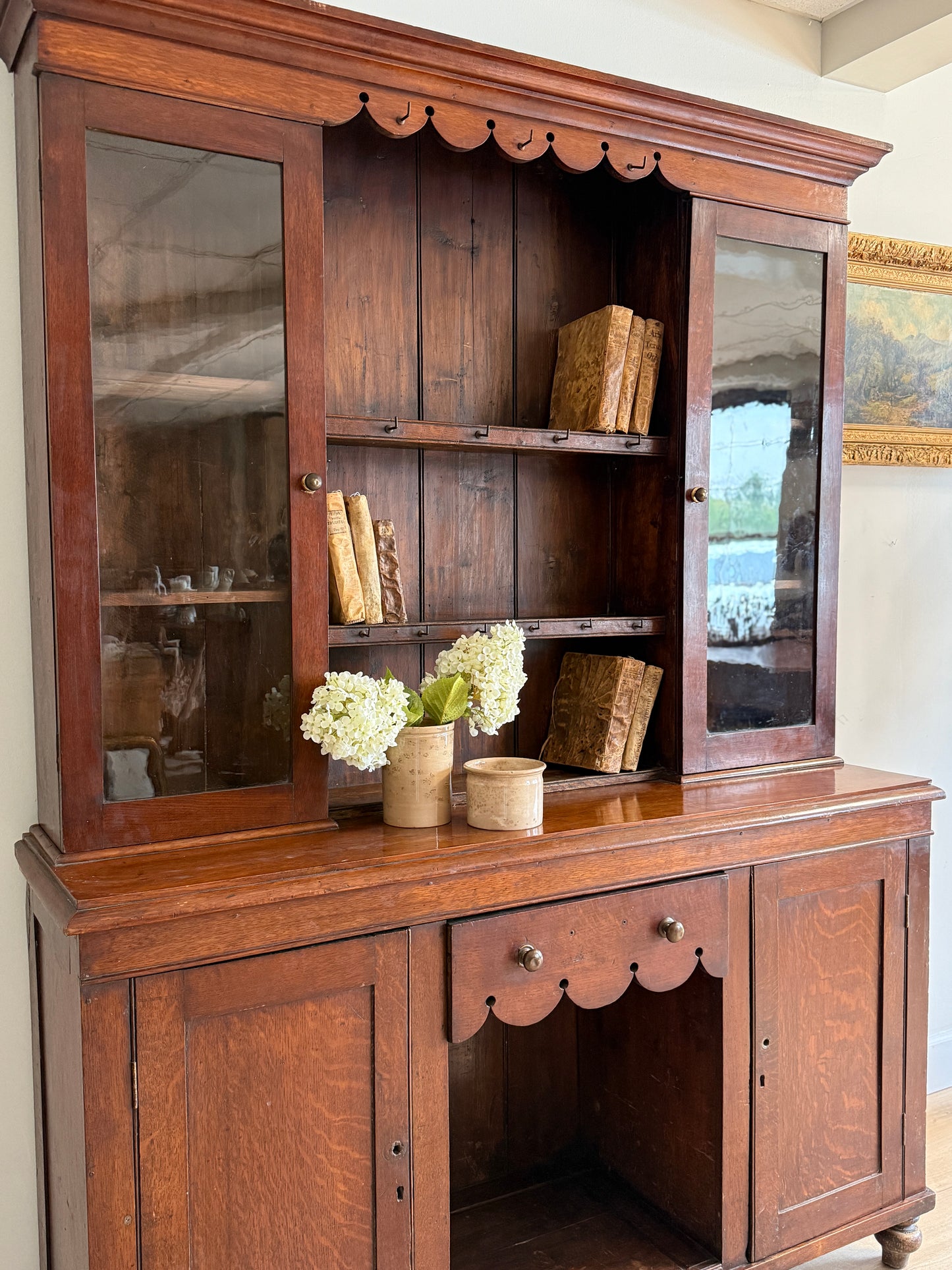 Antique English Dark Oak Scalloped Hutch