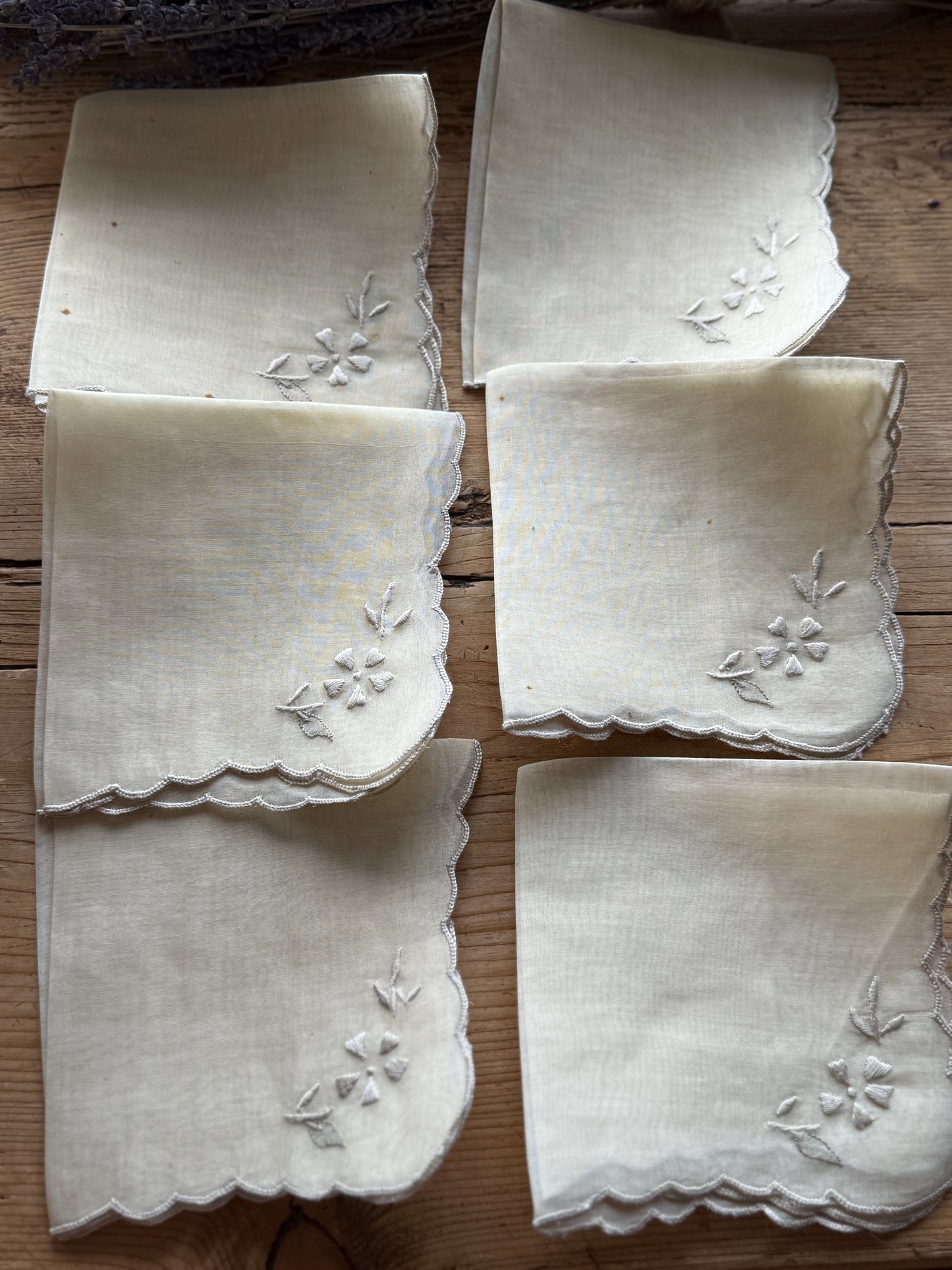 Set of Six Antique Hand Embroidered Irish napkins