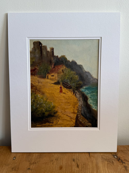 Original Antique Oil Painting on Paper, Coastal Path