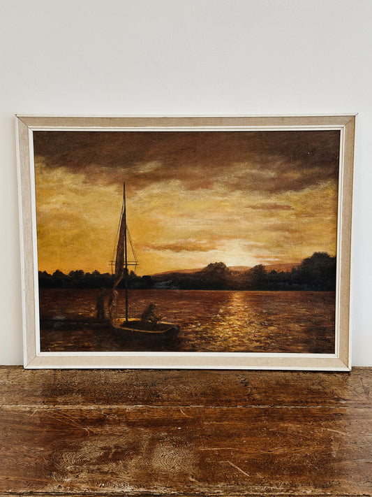 Vintage Original European Oil Painting, Sunset Sailboat Scene