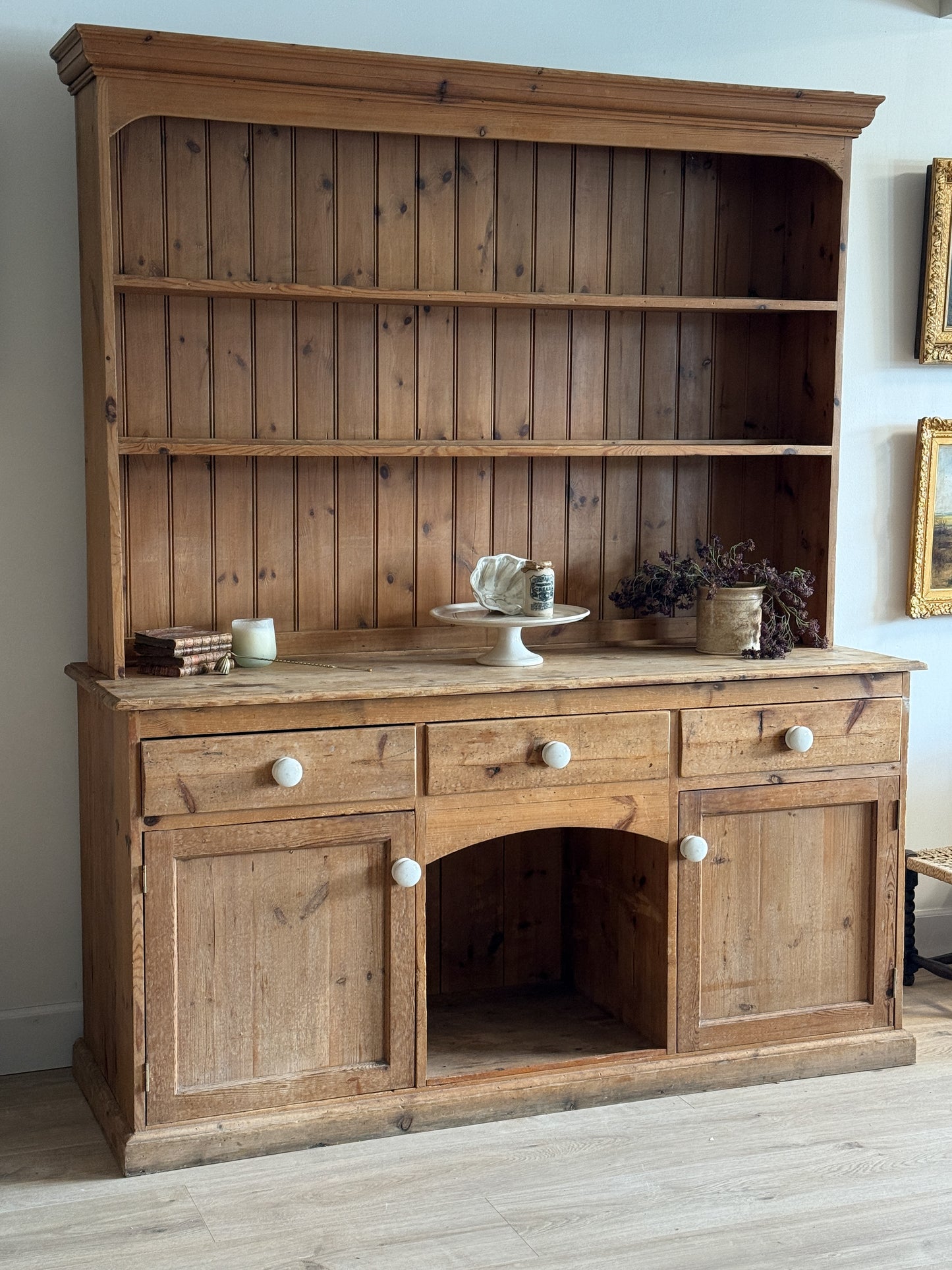 Antique English Pine Stepback Hutch with Kennel