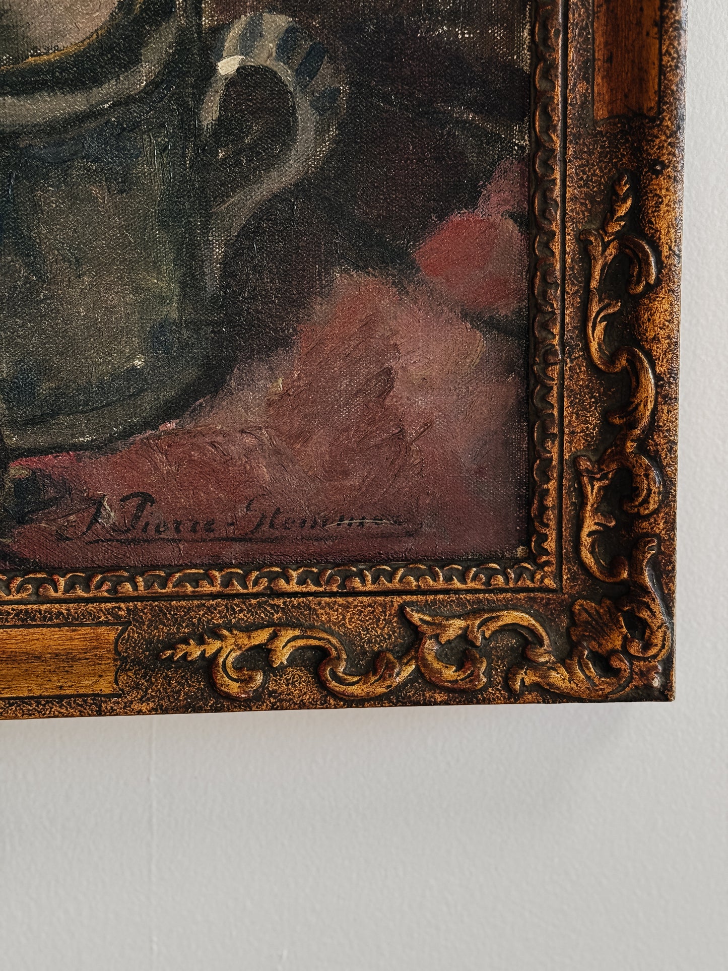 1920 Belgian Still Life Oil on Canvas Painting, Dark Florals