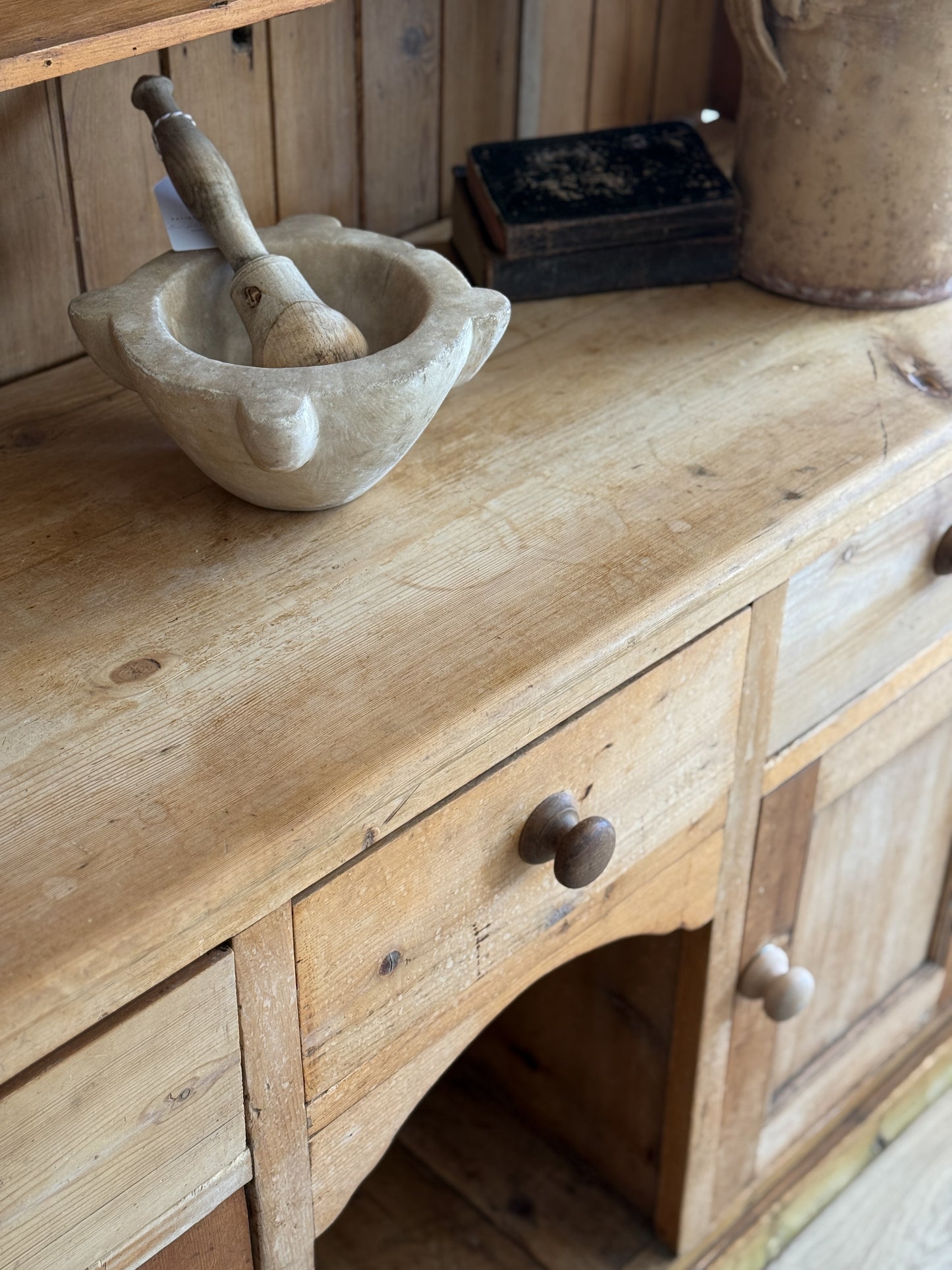 Antique English Pine Stepback Hutch with Kennel