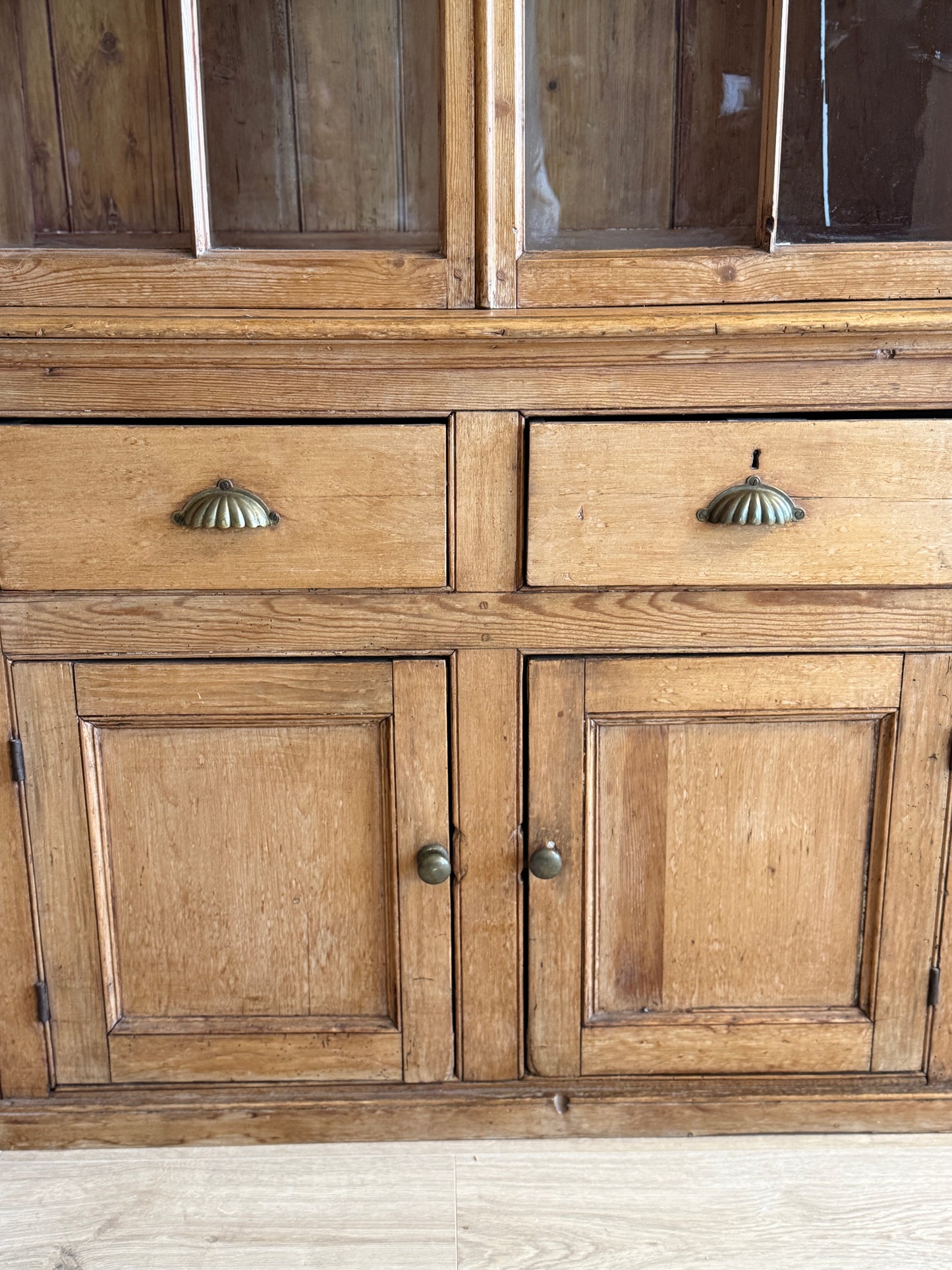 Antique English Pine Cupboard with Glass Upper