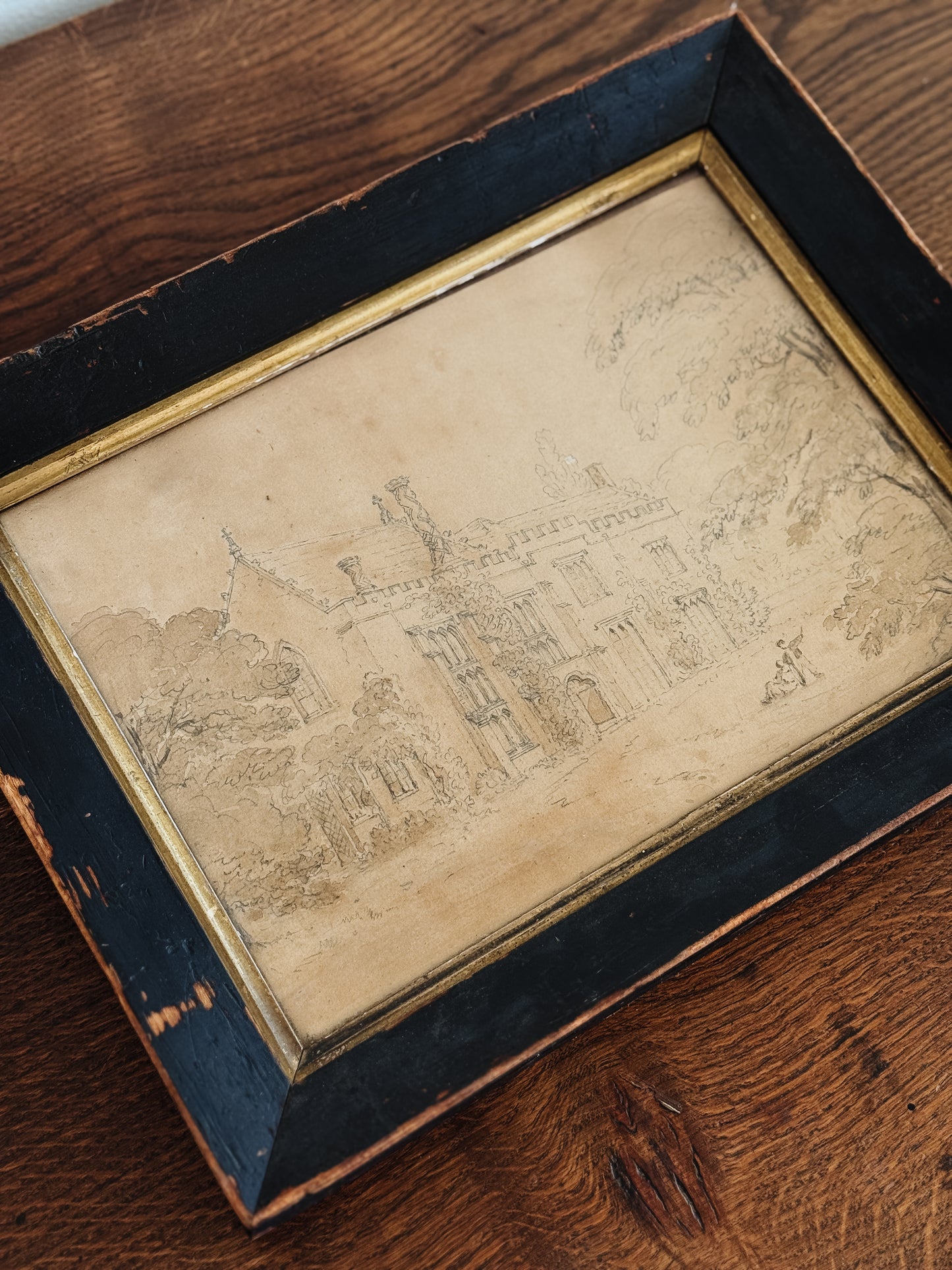 Antique English Pencil & Sepia Watercolor Painting, Down Ampney House