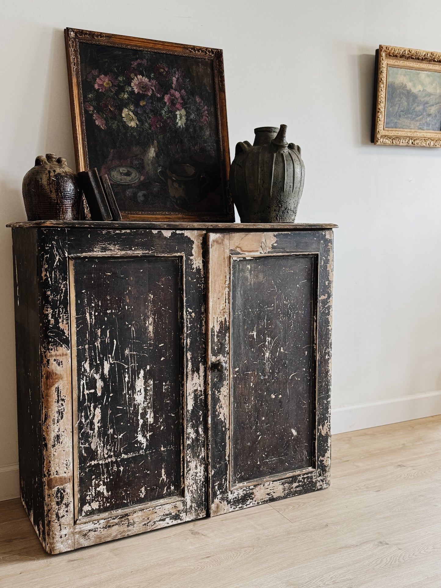 Large Antique English Chippy Painted Black Pine Cupboard