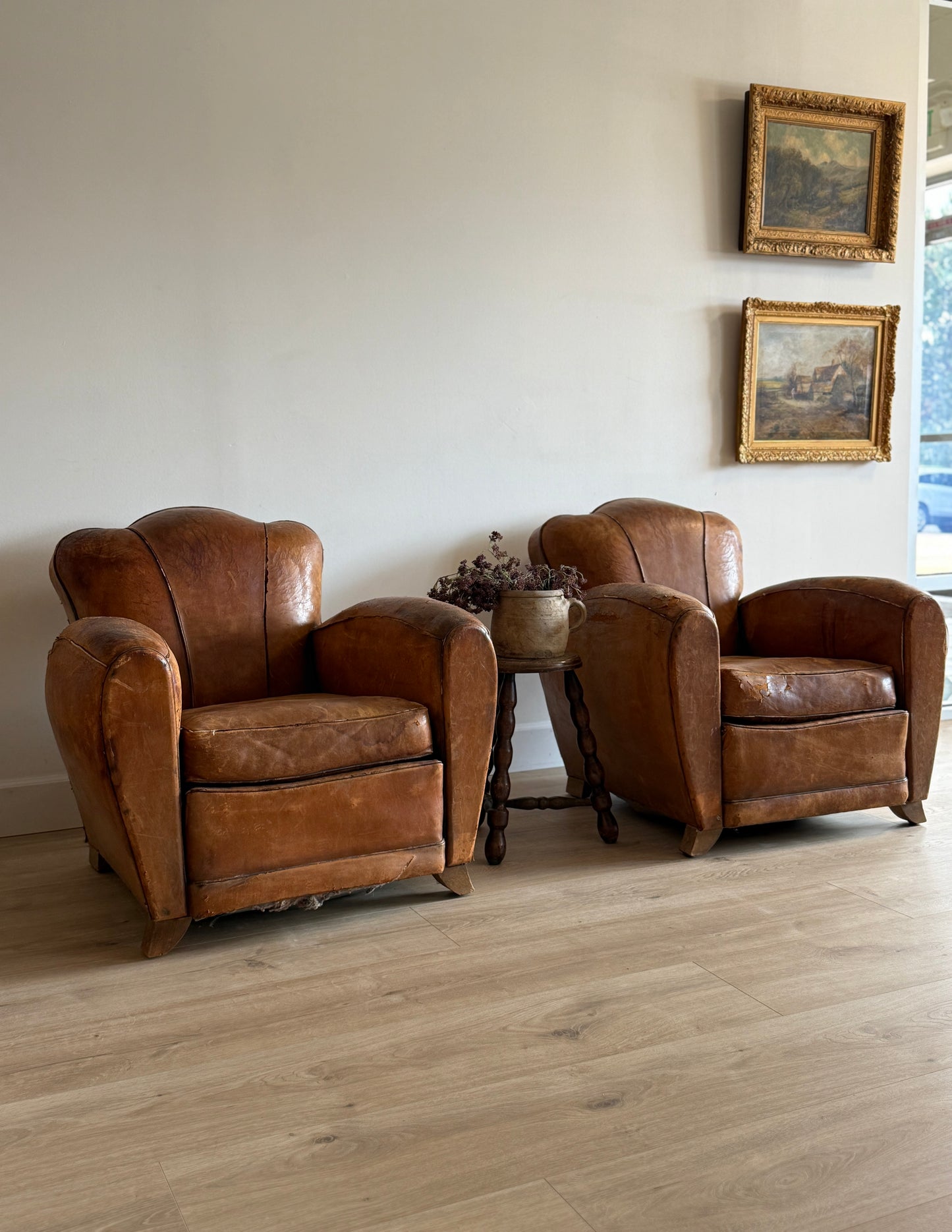 Pair of Antique French Leather Moustache Chairs (c.1920's)
