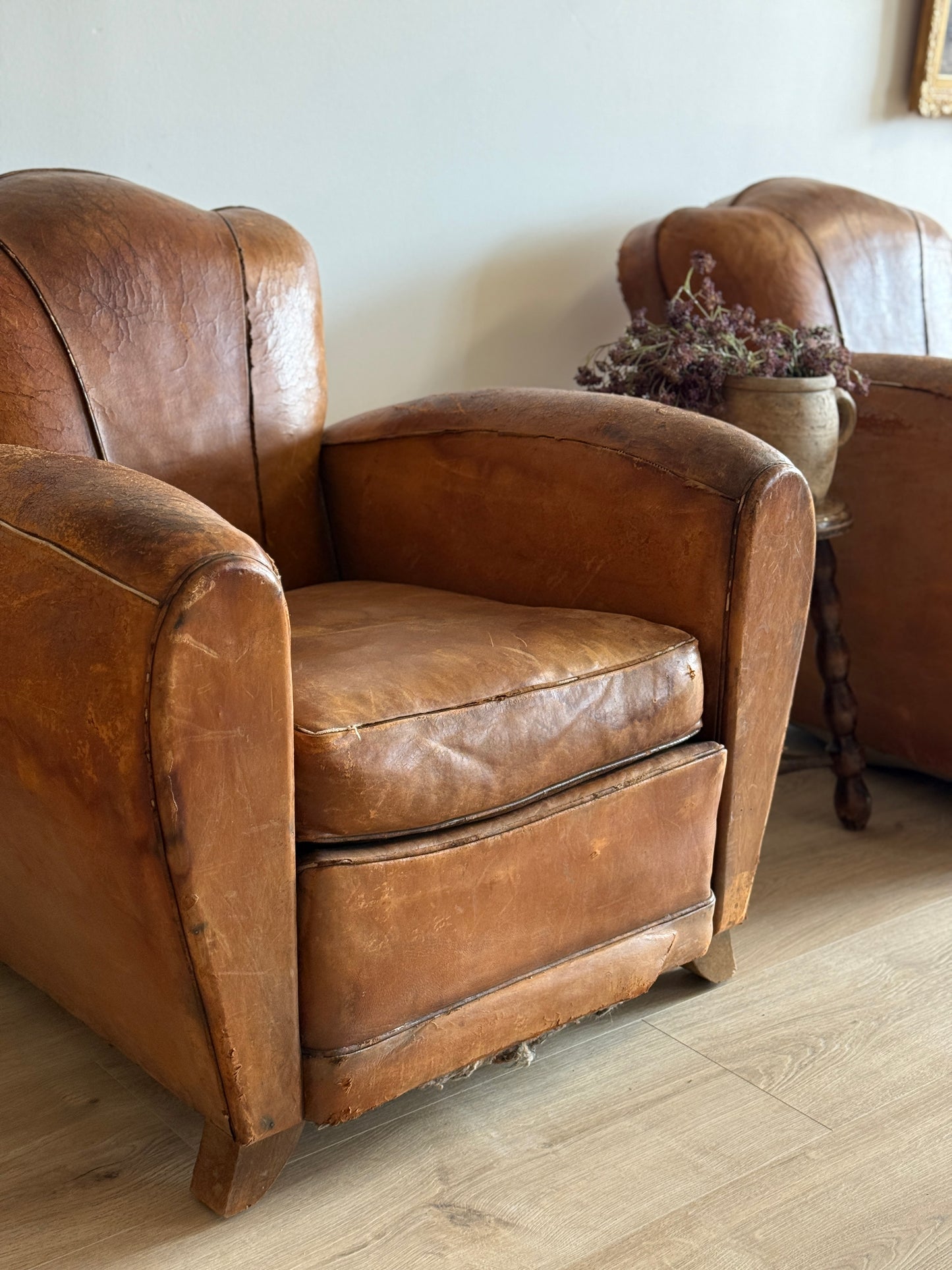 Pair of Antique French Leather Moustache Chairs (c.1920's)