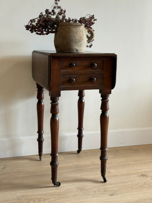 Antique English Drop leaf Side Table with Two Drawers