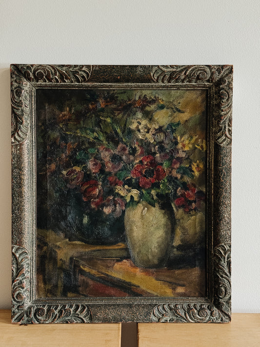 Antique Belgian Oil Painting, Moody Florals (1920)