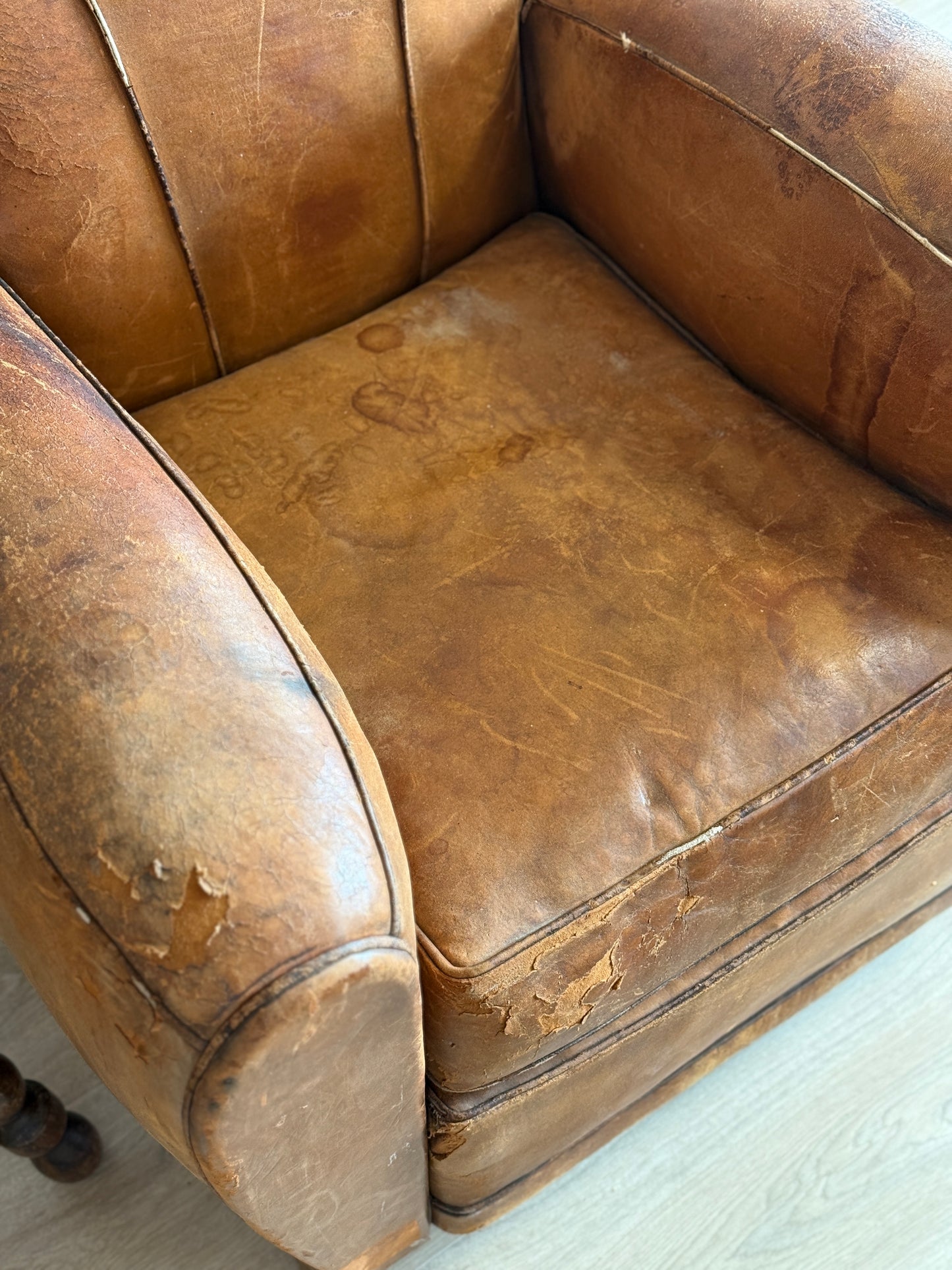 Pair of Antique French Leather Moustache Chairs (c.1920's)