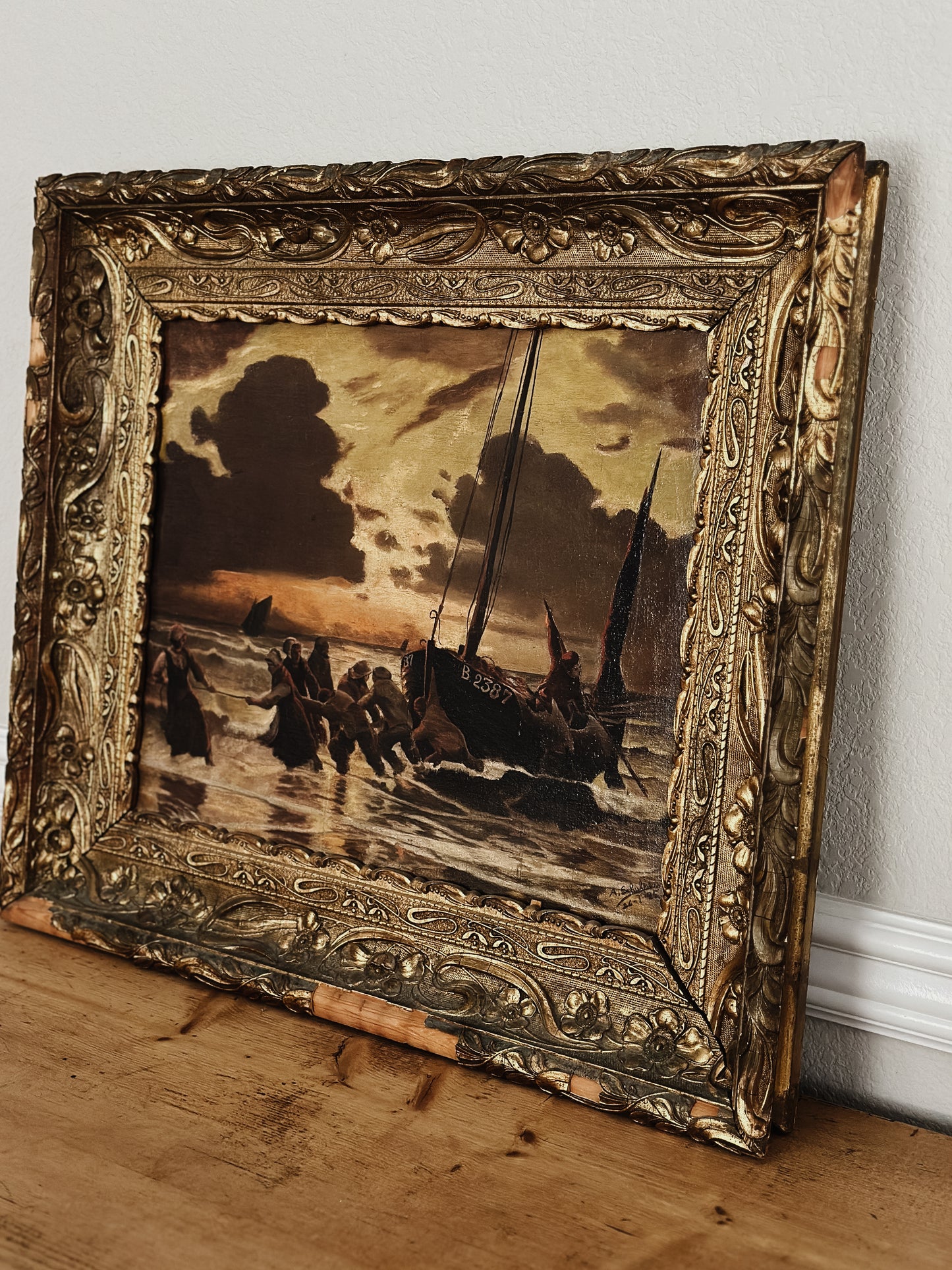 Antique Original French Oil Painting, The Storm That Rises