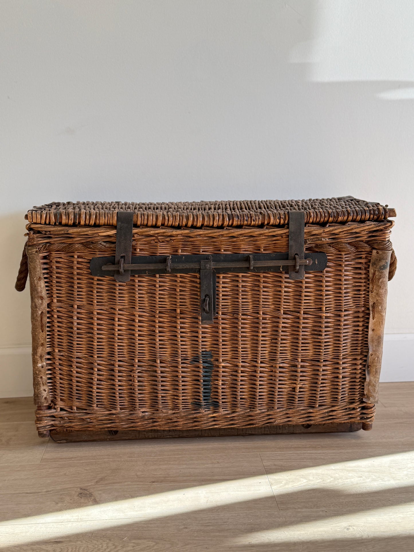 Antique English Wicker Trunk with iron Hardware