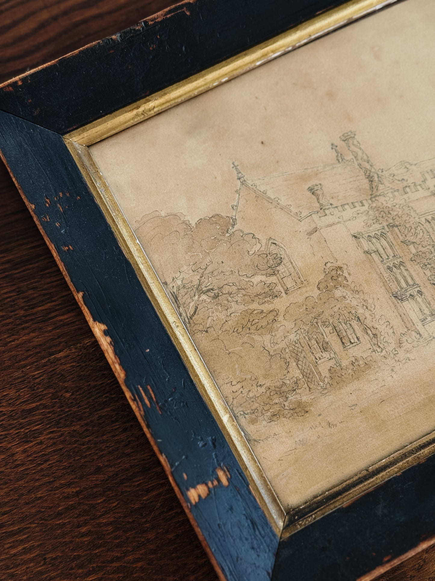 Antique English Pencil & Sepia Watercolor Painting, Down Ampney House