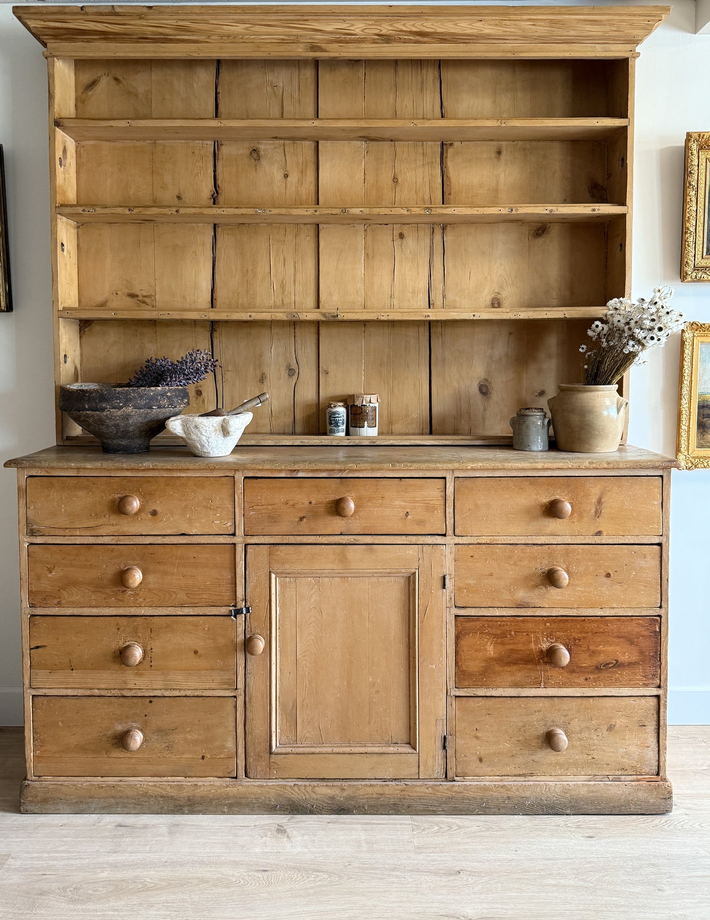 Large Antique English Pine Stepback Hutch