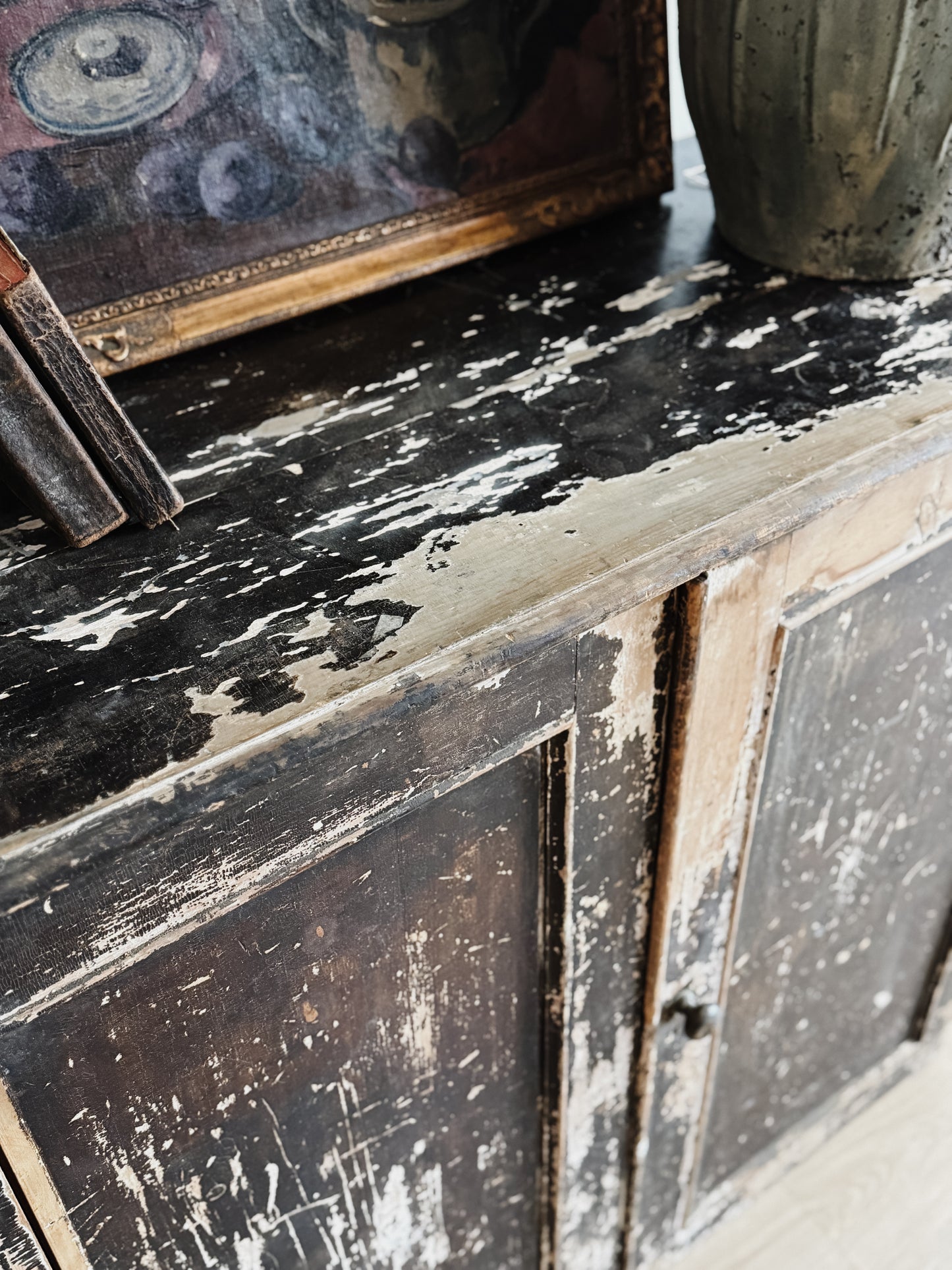Large Antique English Chippy Painted Black Pine Cupboard