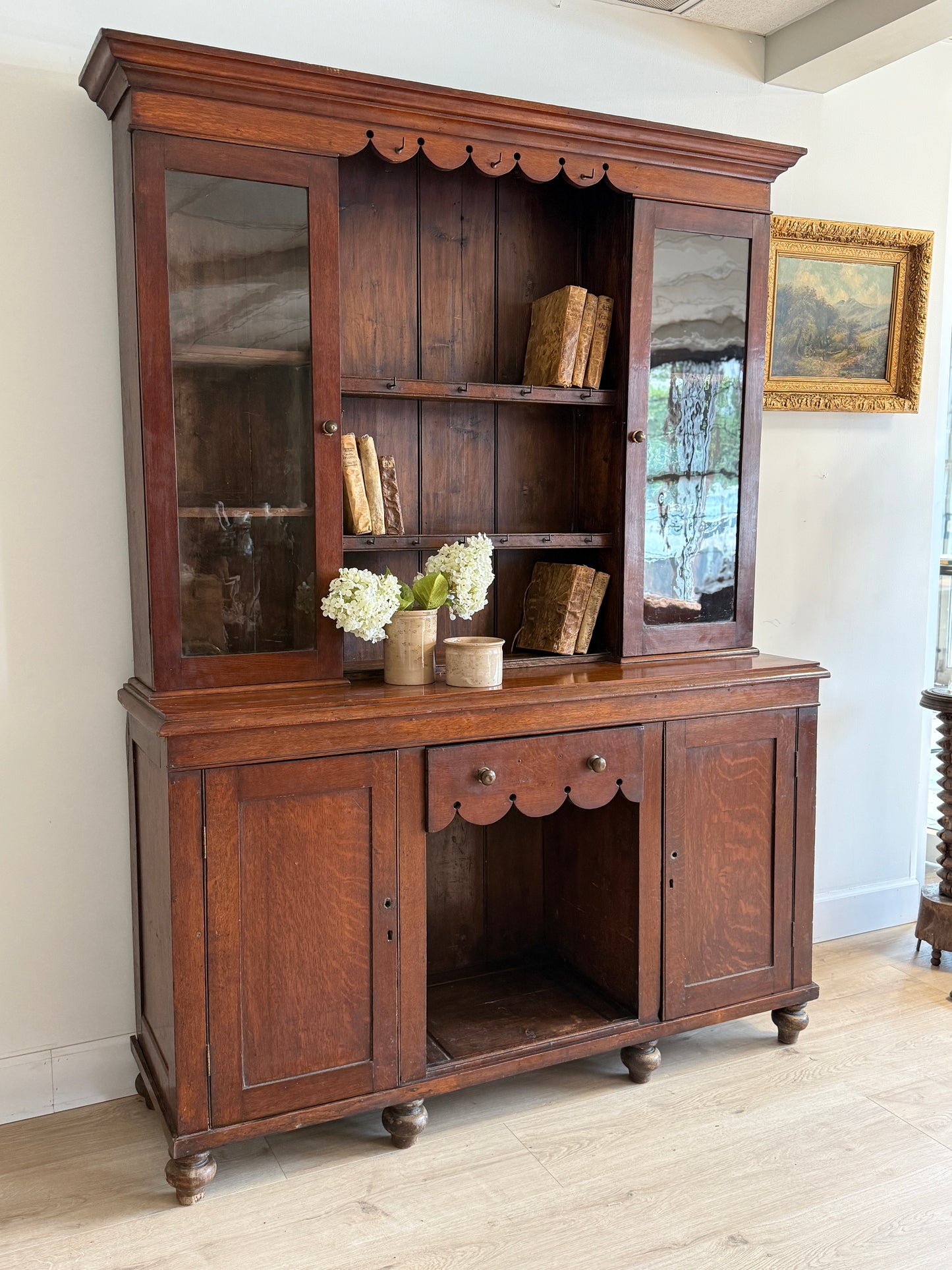 Antique English Dark Oak Scalloped Hutch