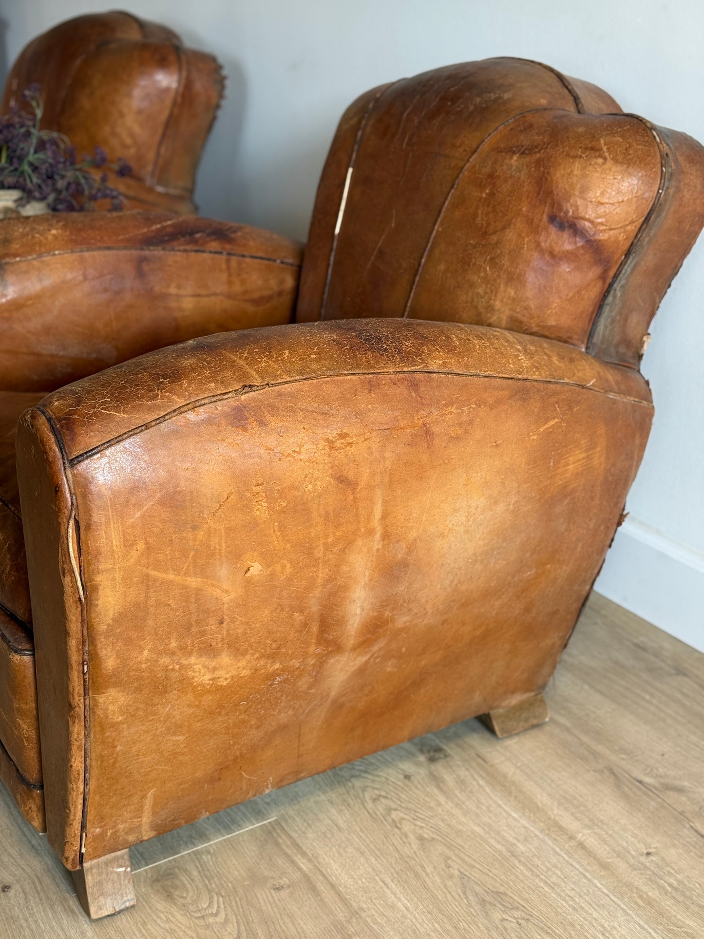 Pair of Antique French Leather Moustache Chairs (c.1920's)