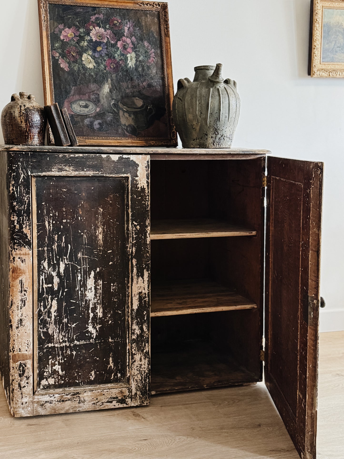 Large Antique English Chippy Painted Black Pine Cupboard