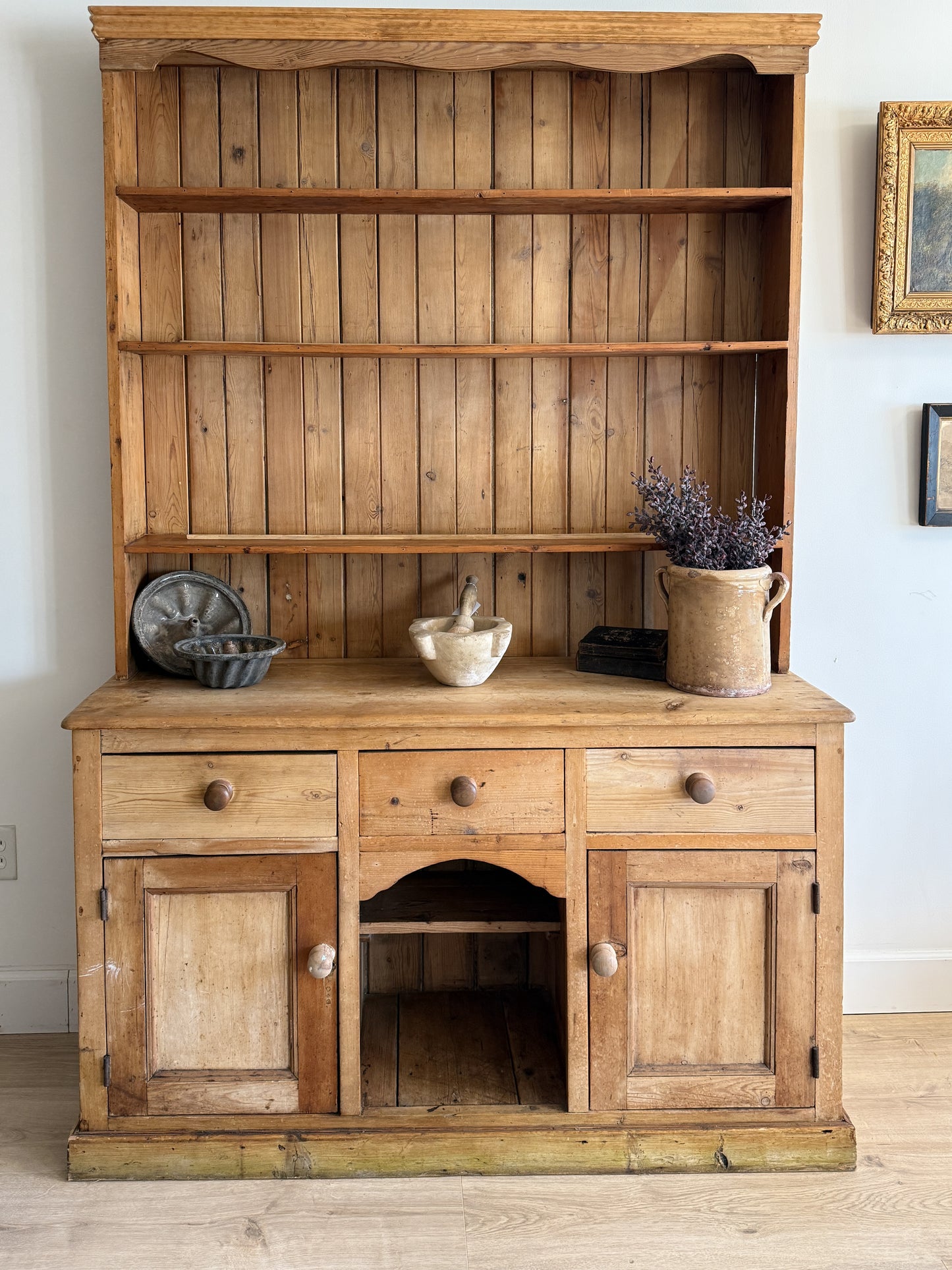 Antique English Pine Stepback Hutch with Kennel