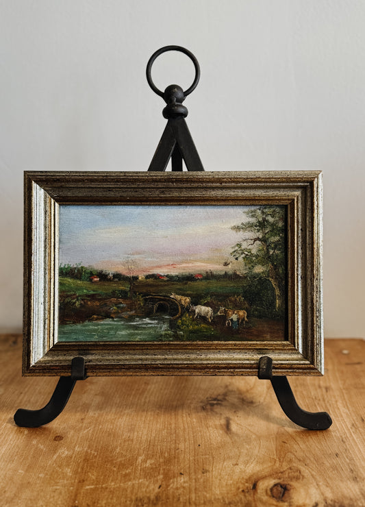 Original Antique Oil Painting, Country Cow Landscape