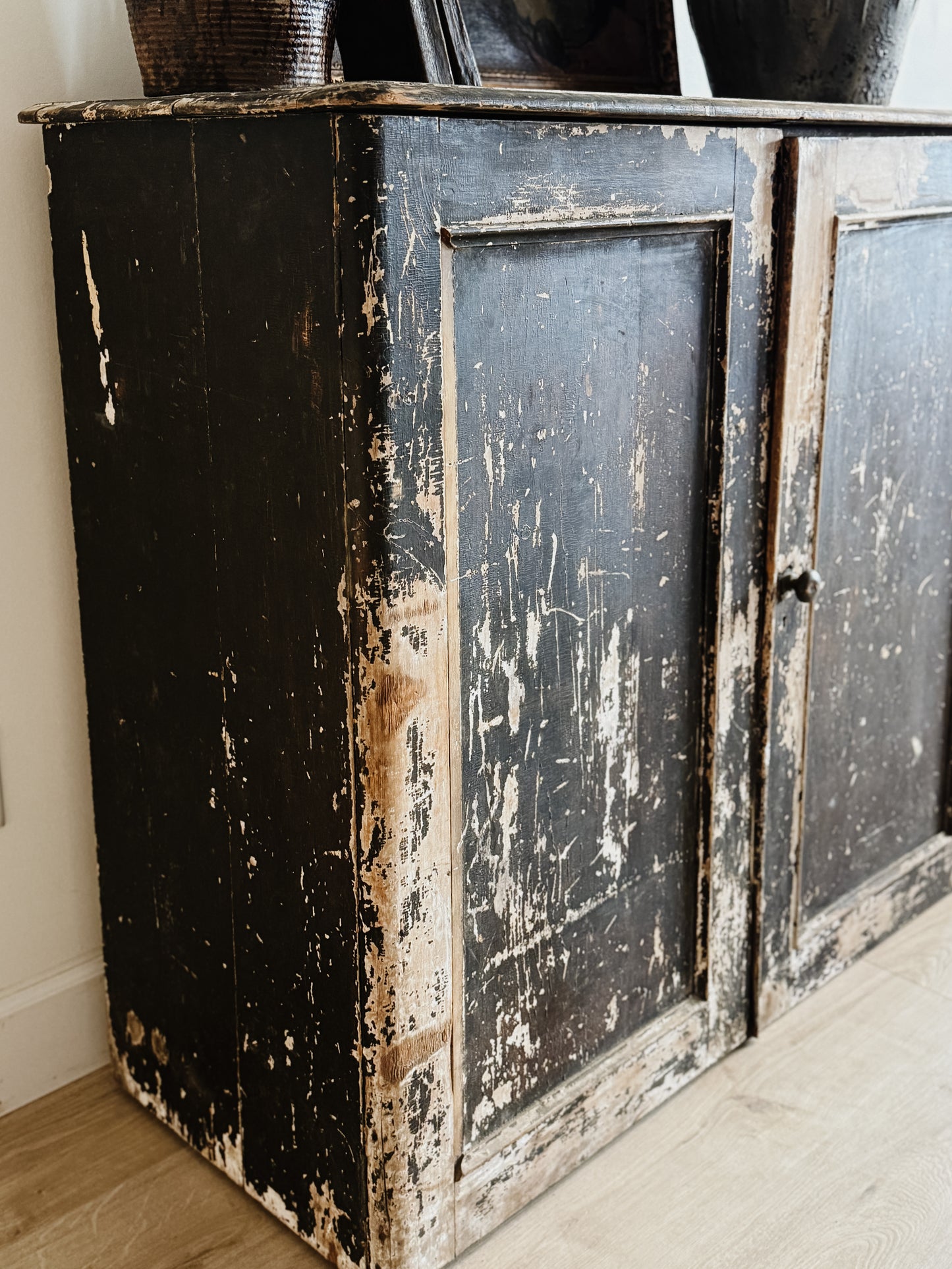 Large Antique English Chippy Painted Black Pine Cupboard