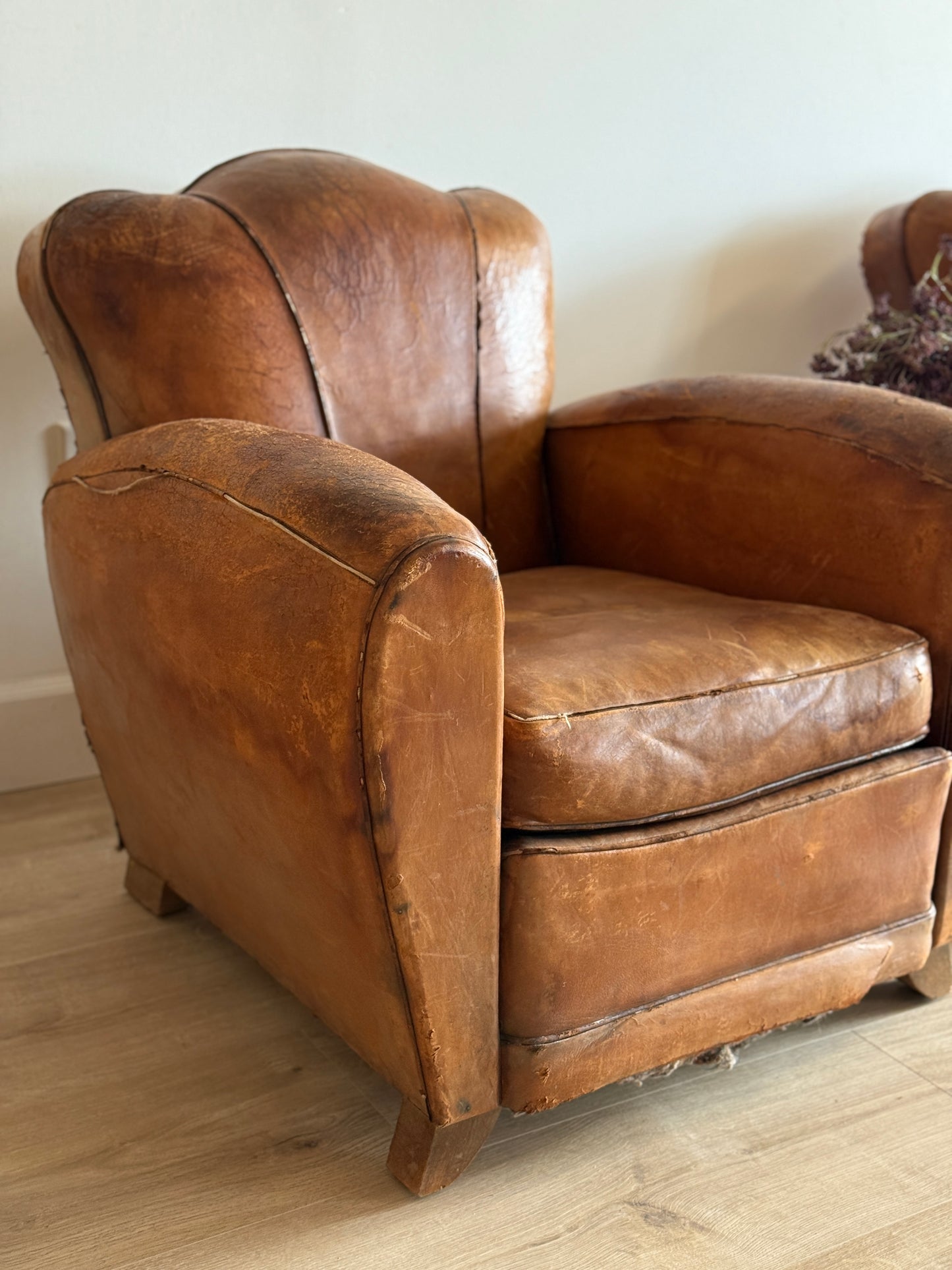 Pair of Antique French Leather Moustache Chairs (c.1920's)