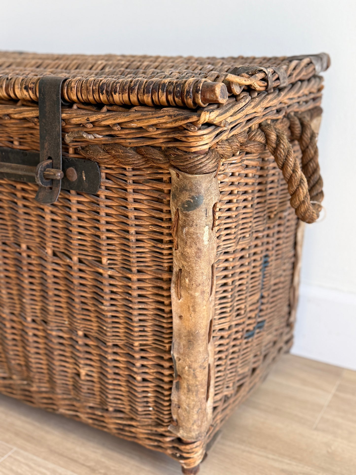 Antique English Wicker Trunk with iron Hardware