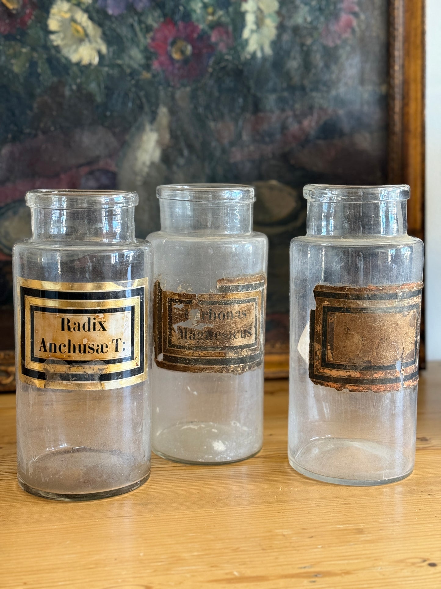 Antique Set of 3 French Glass Pharmacy Jars