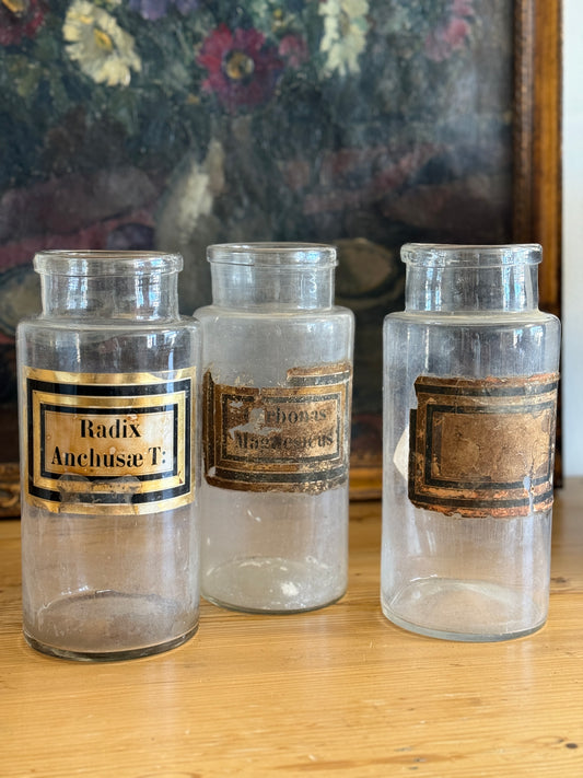Antique Set of 3 French Glass Pharmacy Jars