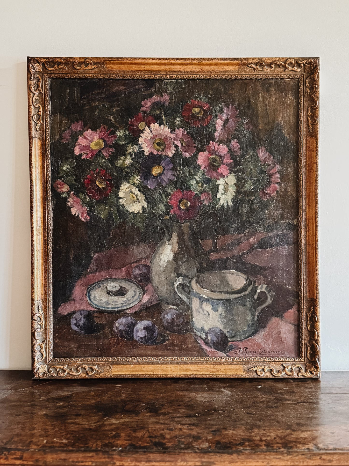1920 Belgian Still Life Oil on Canvas Painting, Dark Florals