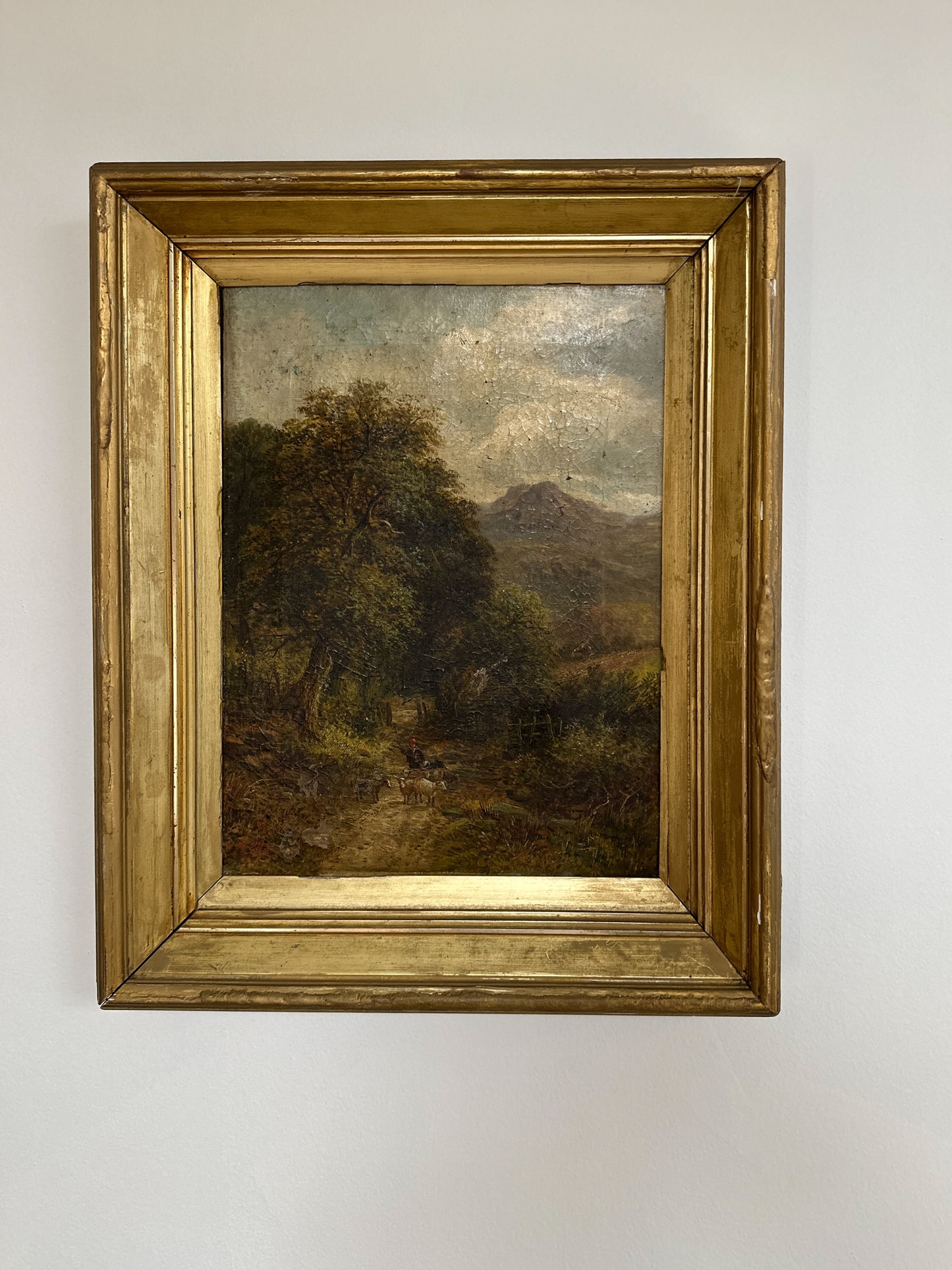 Original Antique English Oil Painting, W. ELLIS Sheep on Country Road