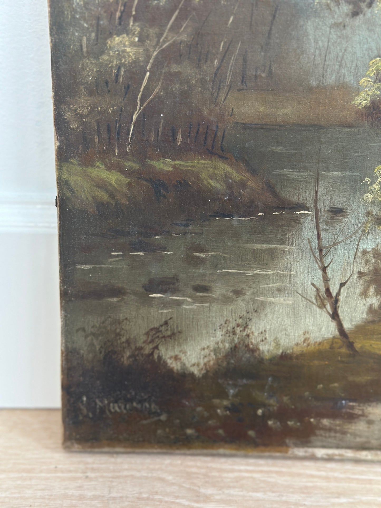 Antique European Oil Painting on Canvas, Country River Scene