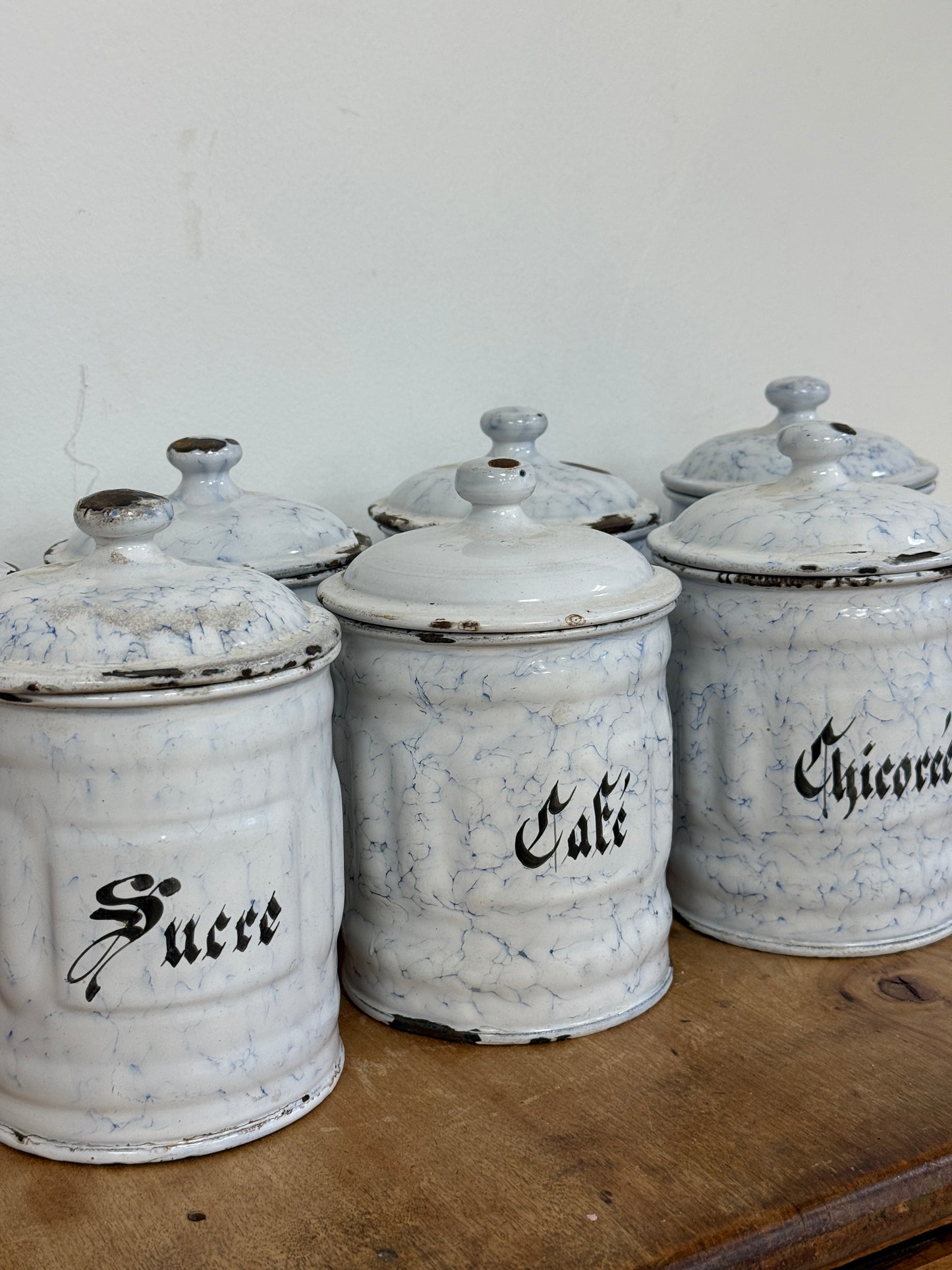 Antique French Enamelware Canisters