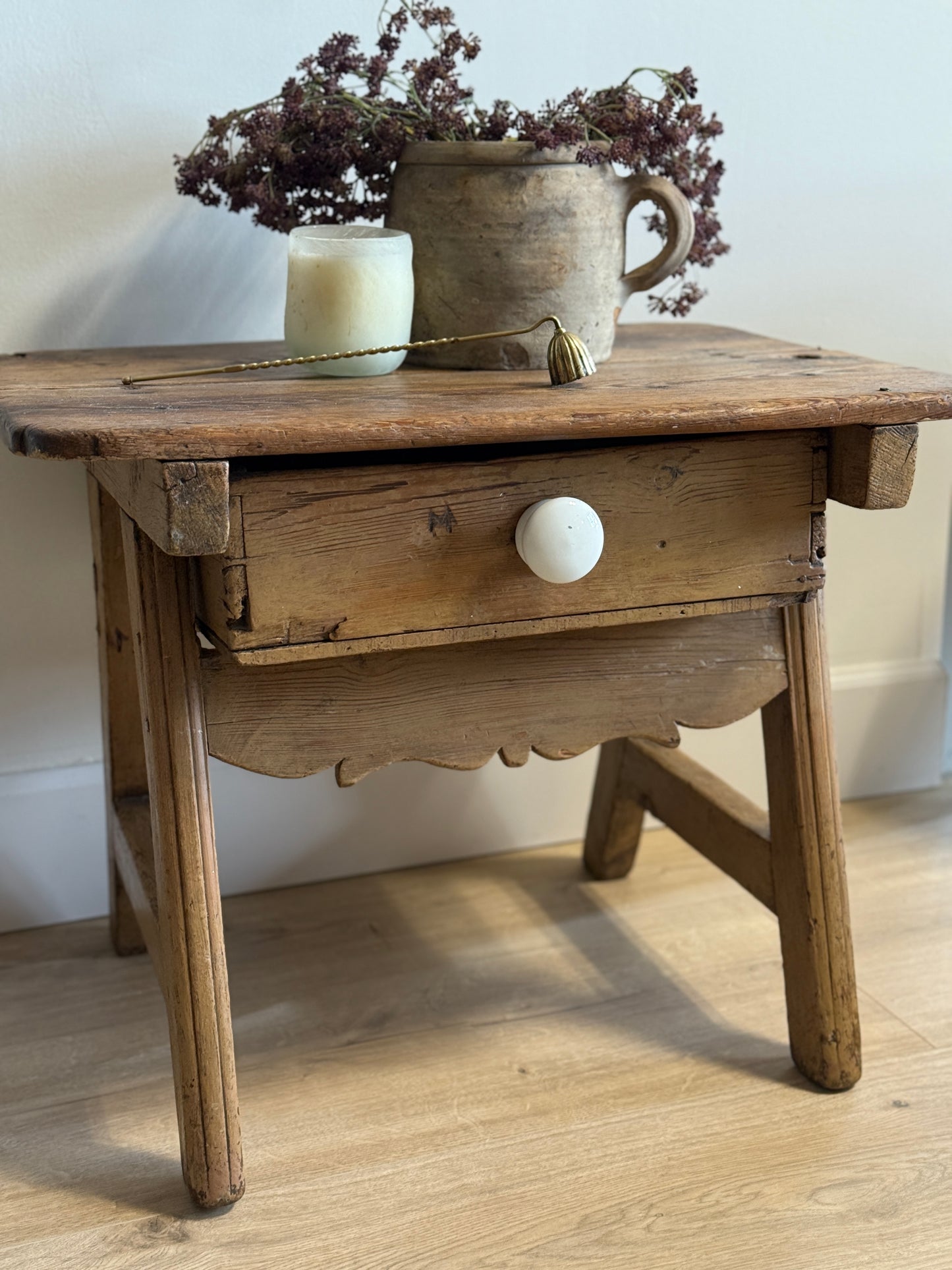 Antique French Pine Side Table with Drawer