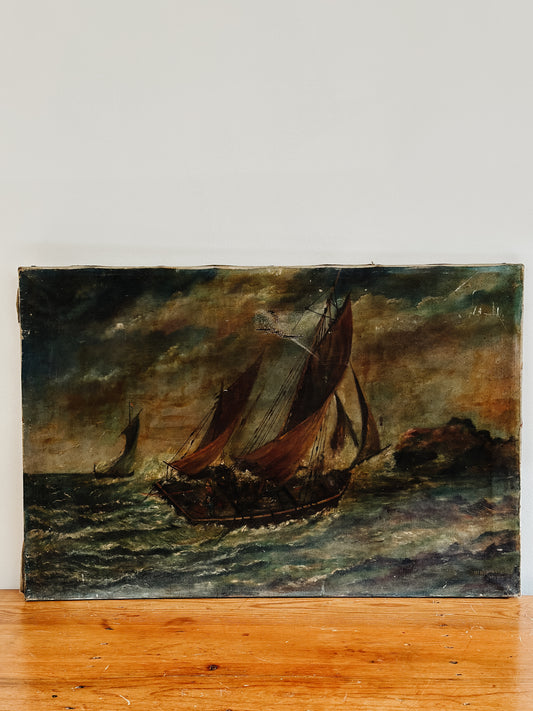 Original Antique British Oil Painting, Primitive Seascape