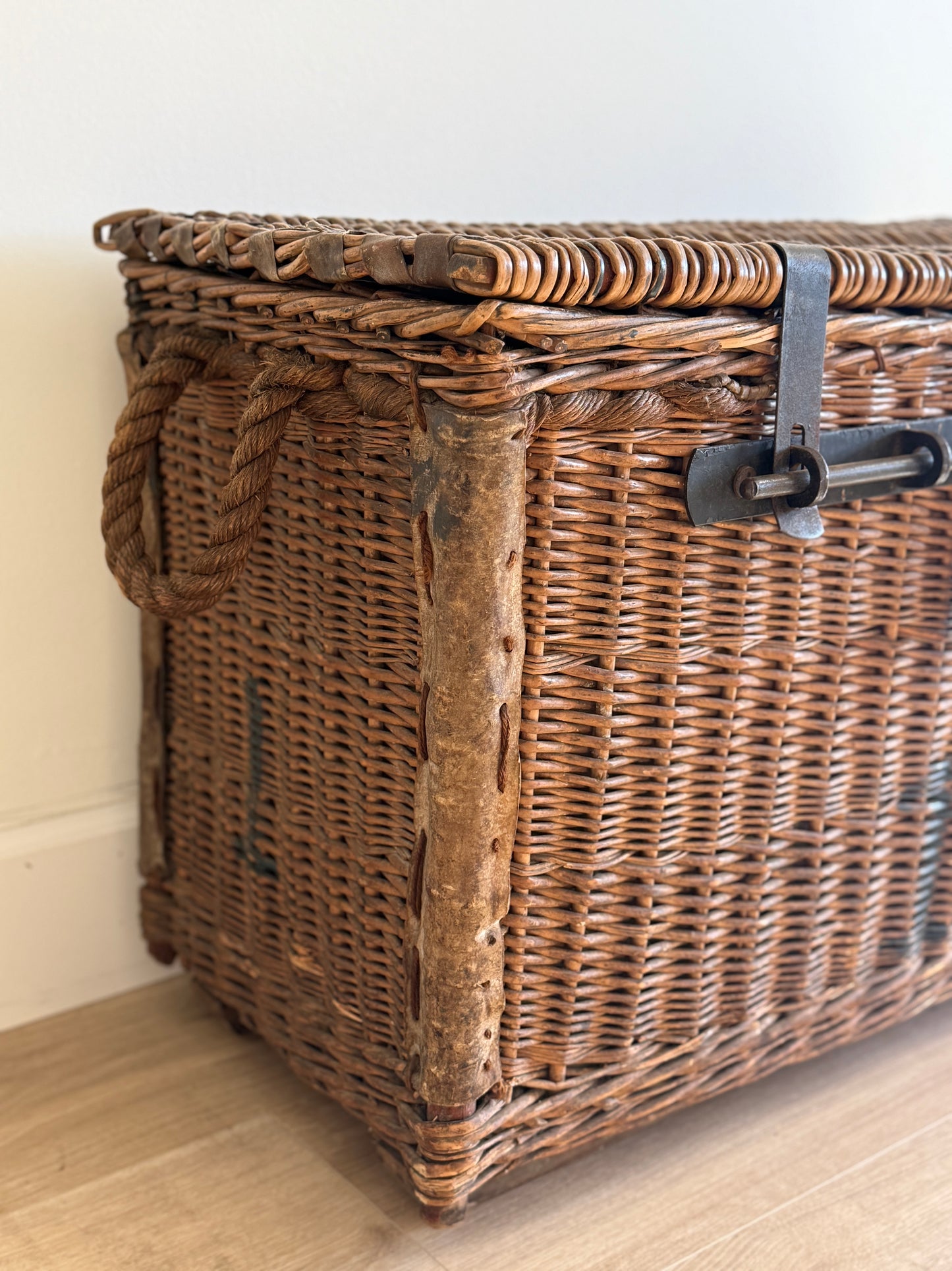 Antique English Wicker Trunk with iron Hardware