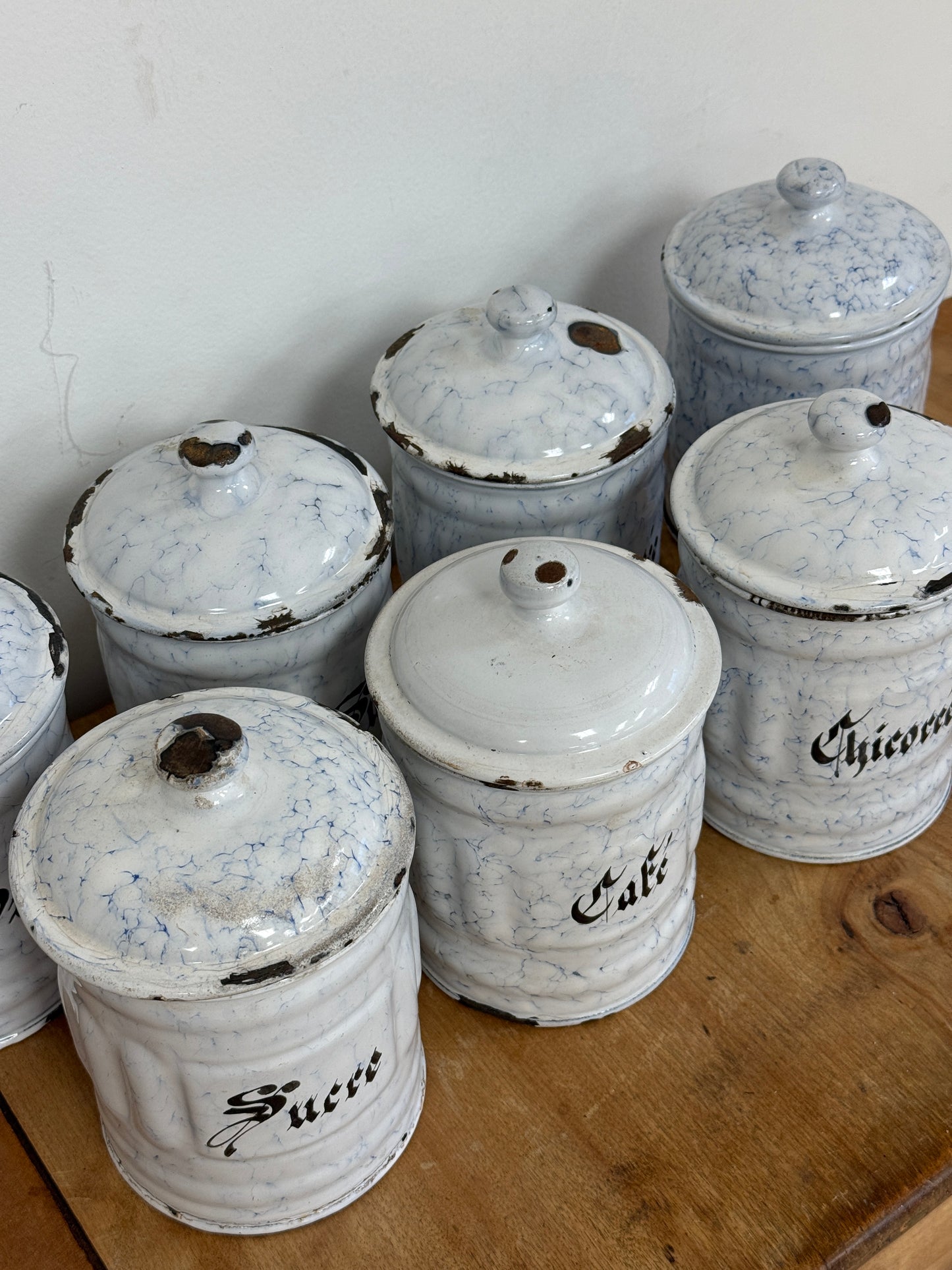 Antique French Enamelware Canisters