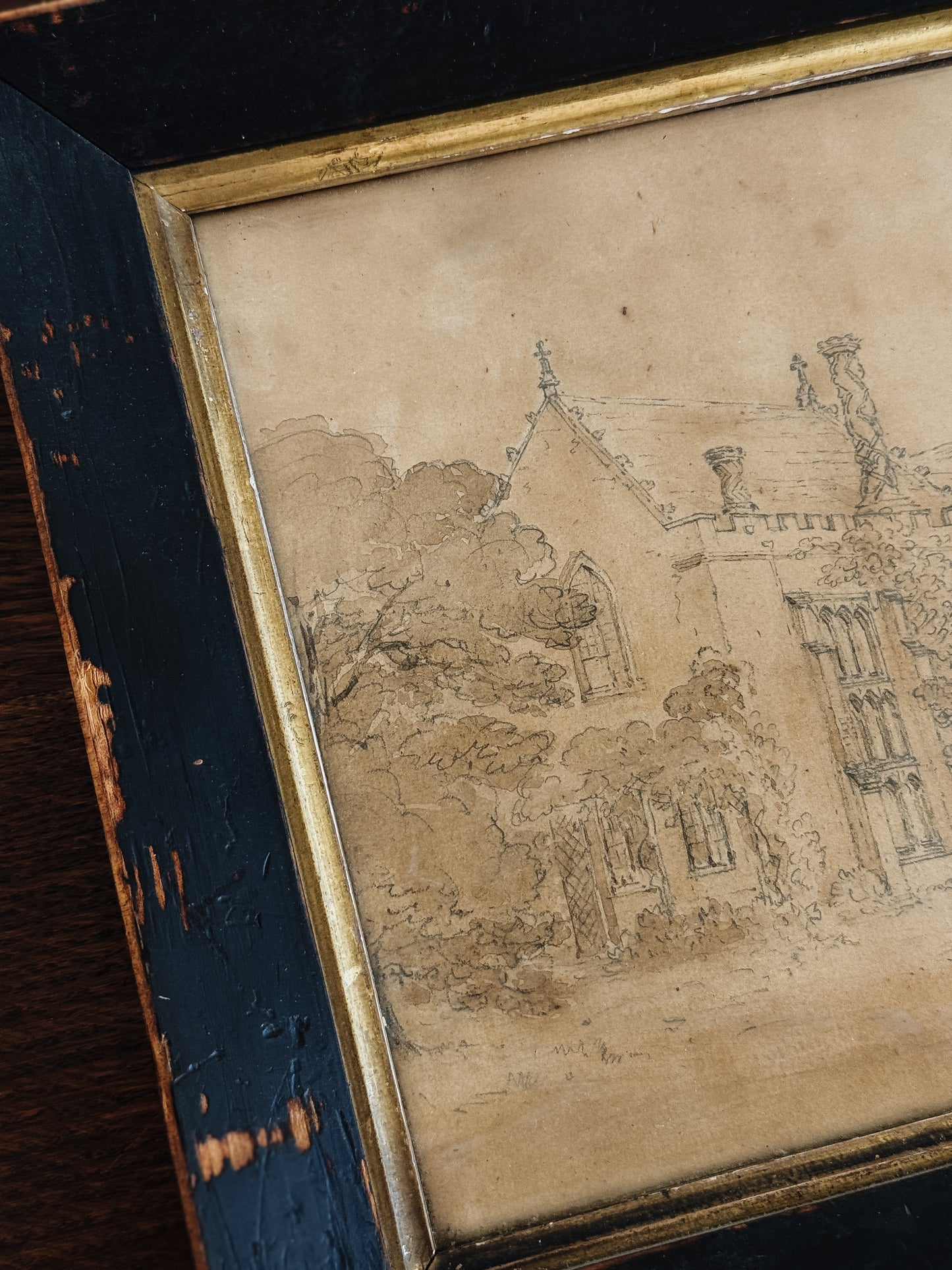 Antique English Pencil & Sepia Watercolor Painting, Down Ampney House