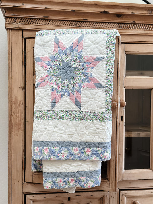 Antique Hand Stitched Quilt, Pastel Stars
