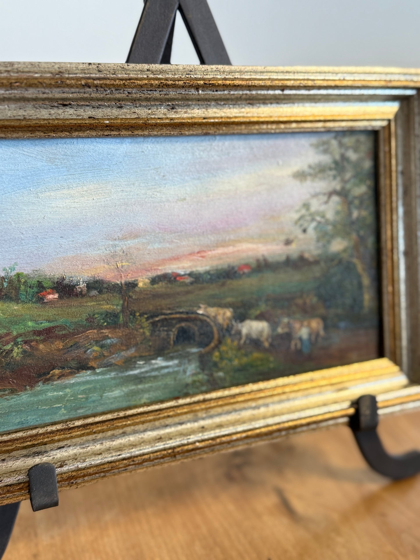 Original Antique Oil Painting, Country Cow Landscape